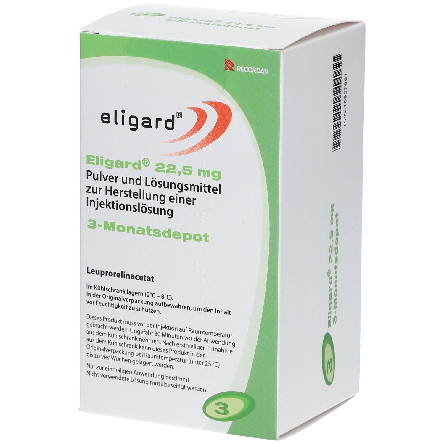 Verpackung von Eligard 22,5 mg. Weißer Karton mit grünen und roten Akzenten. Text: Pulver und Lösungsmittel zur Injektionslösung.