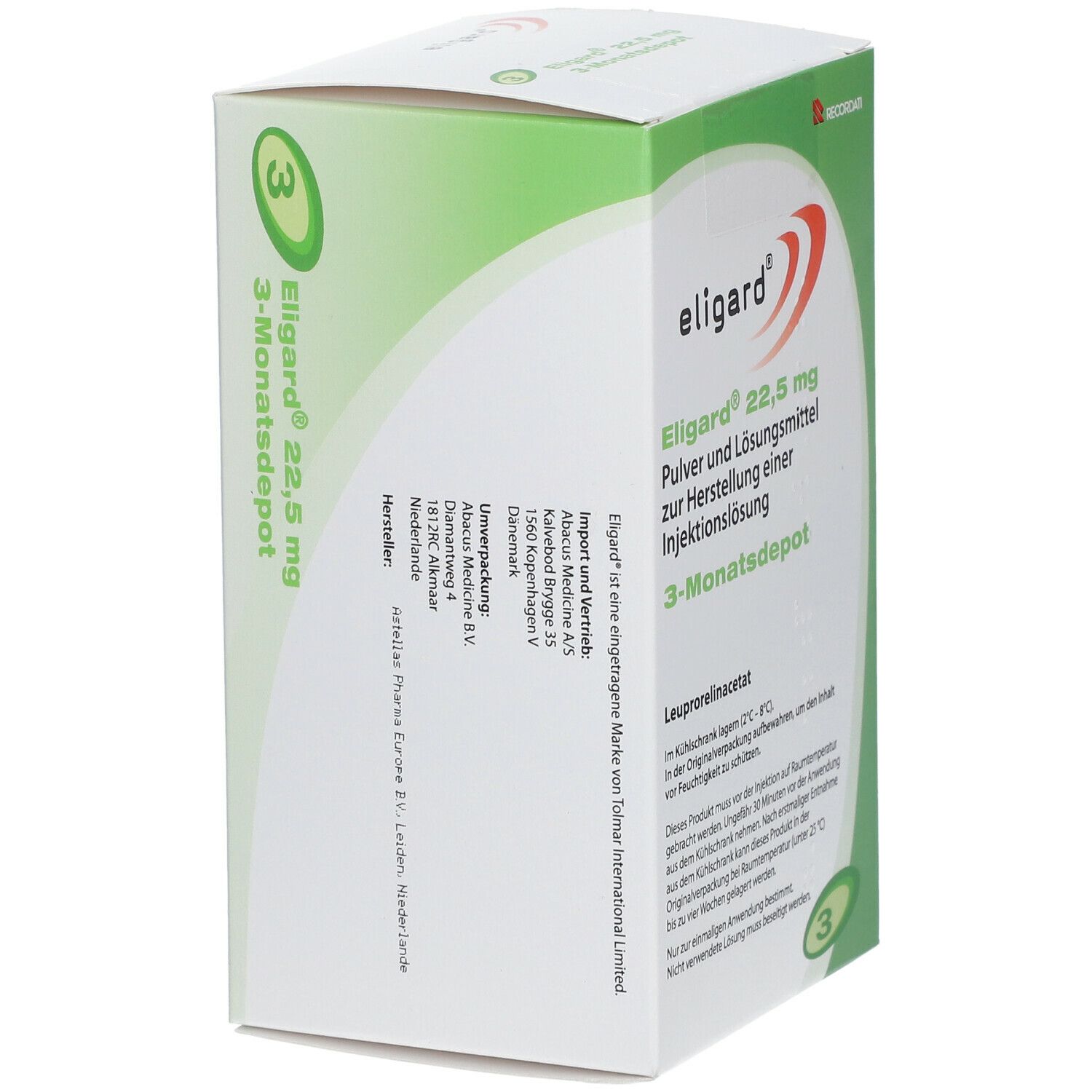 Verpackung von Eligard 22,5 mg. Weißer Karton mit grünen und roten Akzenten. Text: Pulver und Lösungsmittel zur Injektionslösung.