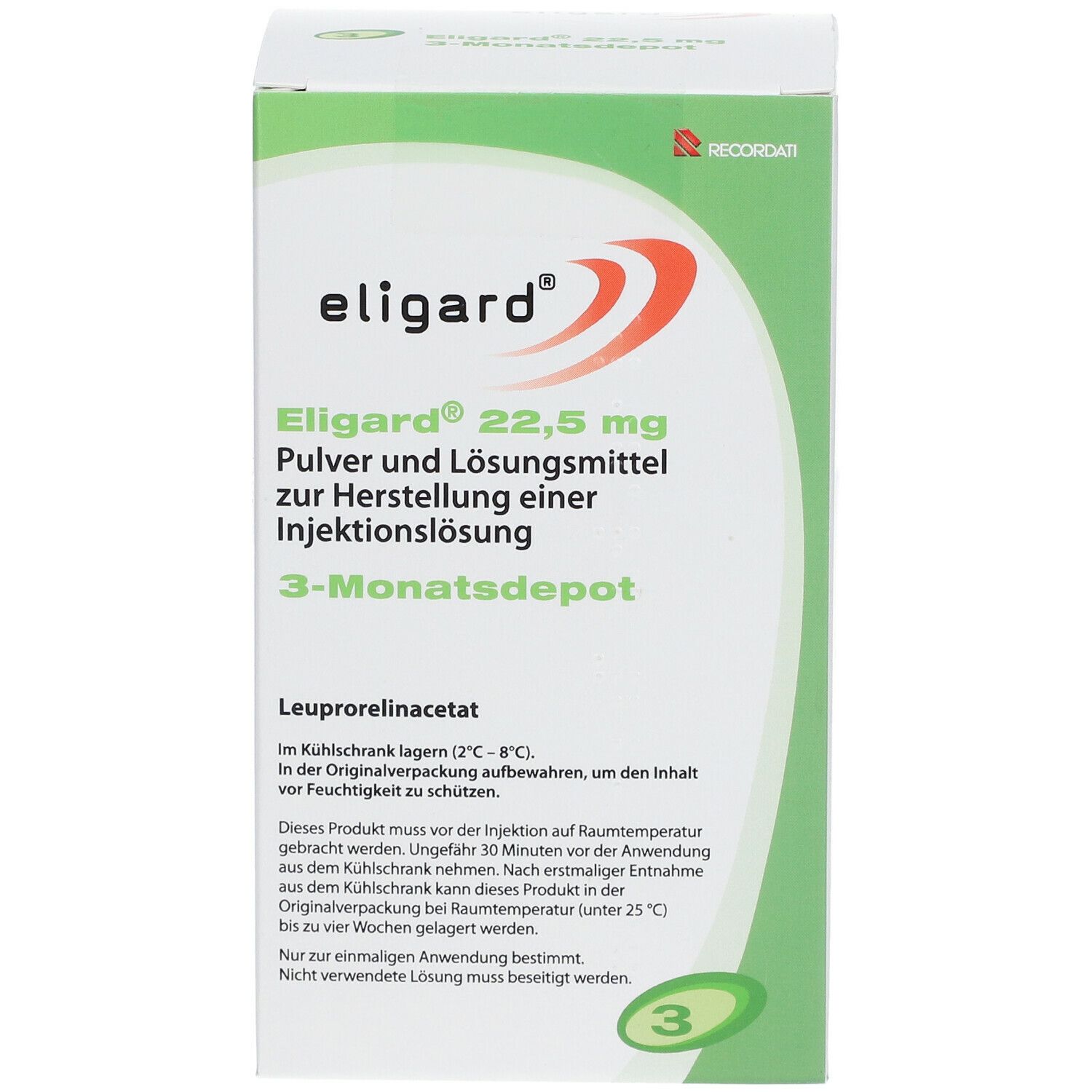 Verpackung von Eligard 22,5 mg. Weißer Karton mit grünen und roten Akzenten. Text: Pulver und Lösungsmittel zur Injektionslösung.