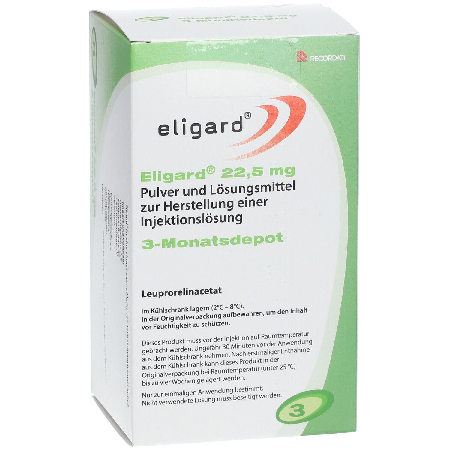 Verpackung von Eligard 22,5 mg. Weißer Karton mit grünen und roten Akzenten. Text: Pulver und Lösungsmittel zur Injektionslösung.
