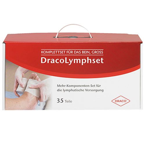 Komplettset für das Bein, Groß. Rote und weiße Verpackung mit Tragegriff. Text: DracoLymphset, 35 Teile, DRACO Logo. Abbildung: Bein mit Bandagen.