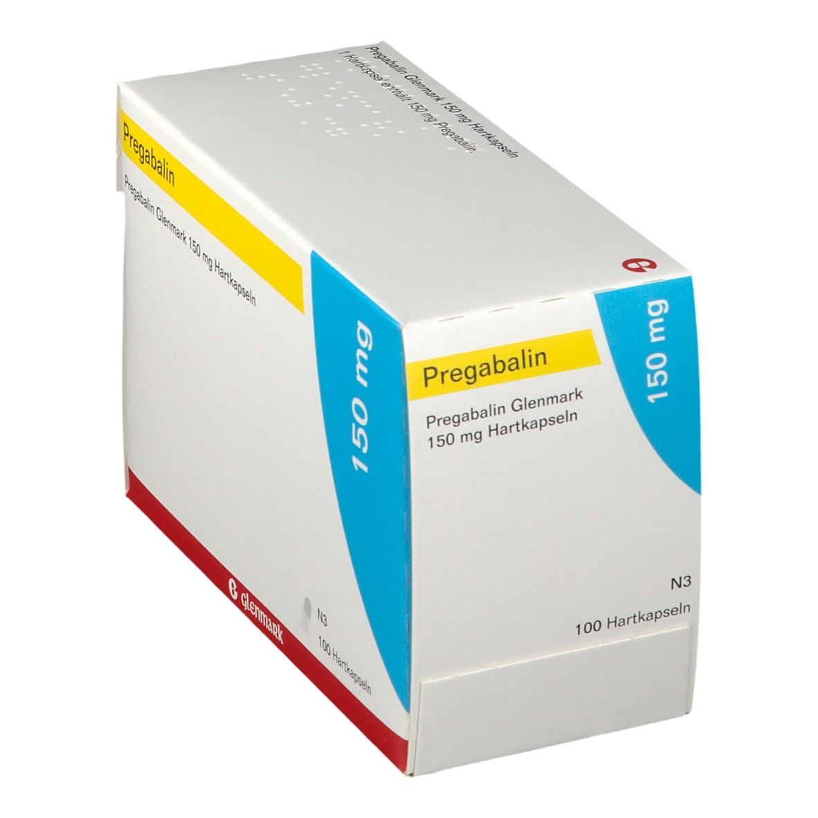 Schachtel Pregabalin Glenmark 150 mg Hartkapseln. Weiß, gelb und blau. Schriftzug und Logo Glenmark.
