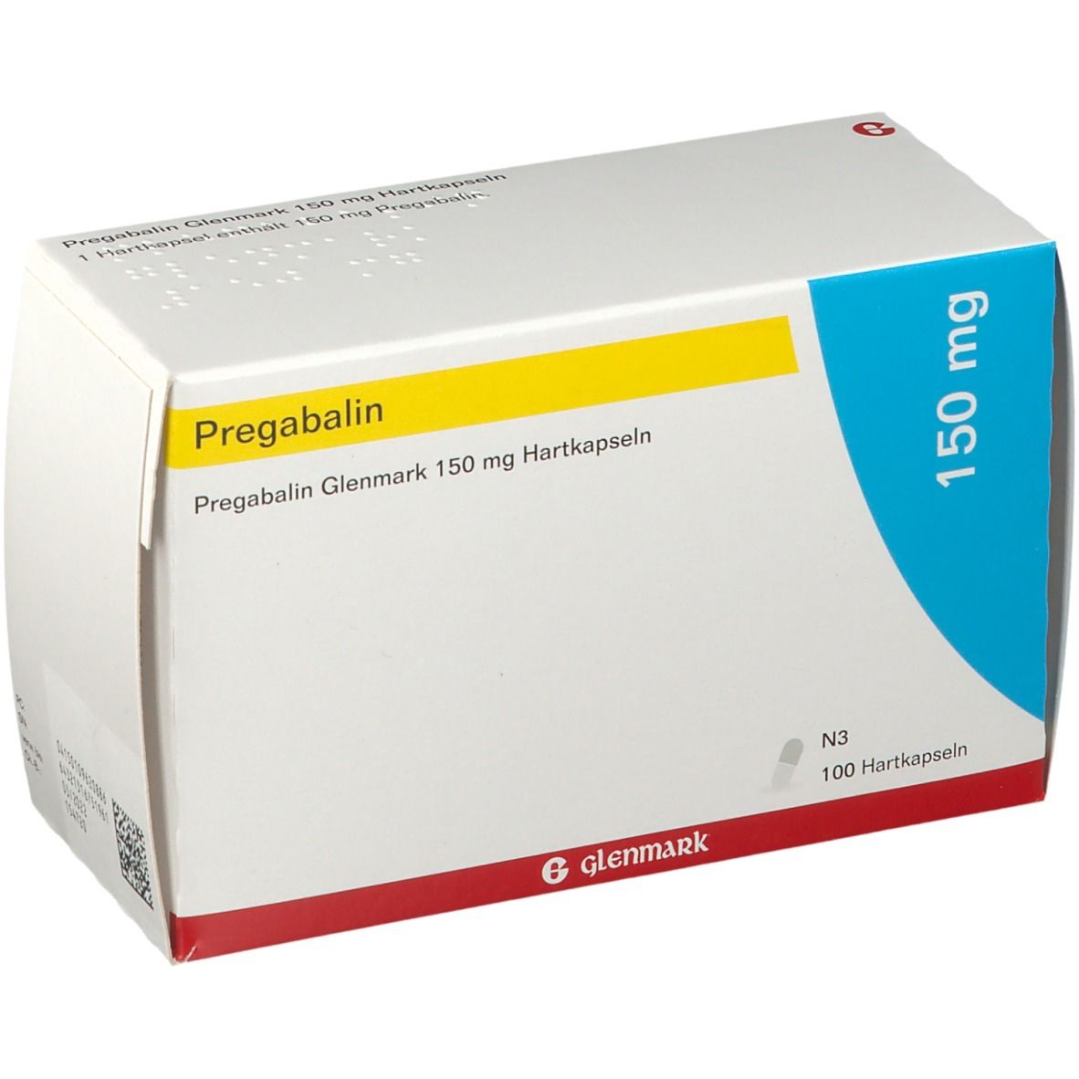 Schachtel Pregabalin Glenmark 150 mg Hartkapseln. Weiß, gelb und blau. Schriftzug und Logo Glenmark.
