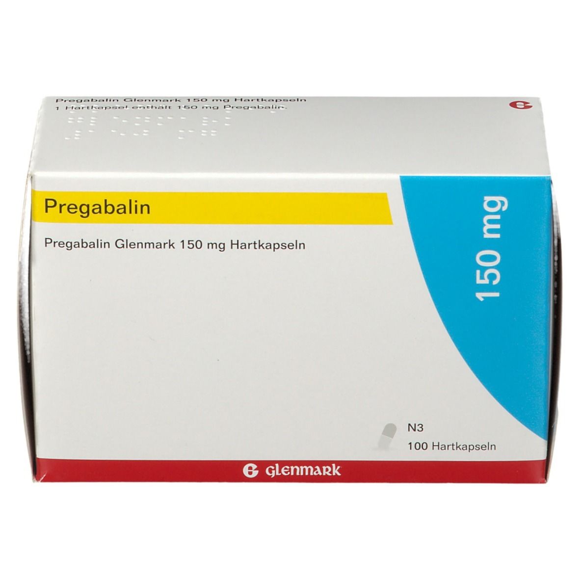 Schachtel Pregabalin Glenmark 150 mg Hartkapseln. Weiß, gelb und blau. Schriftzug und Logo Glenmark.
