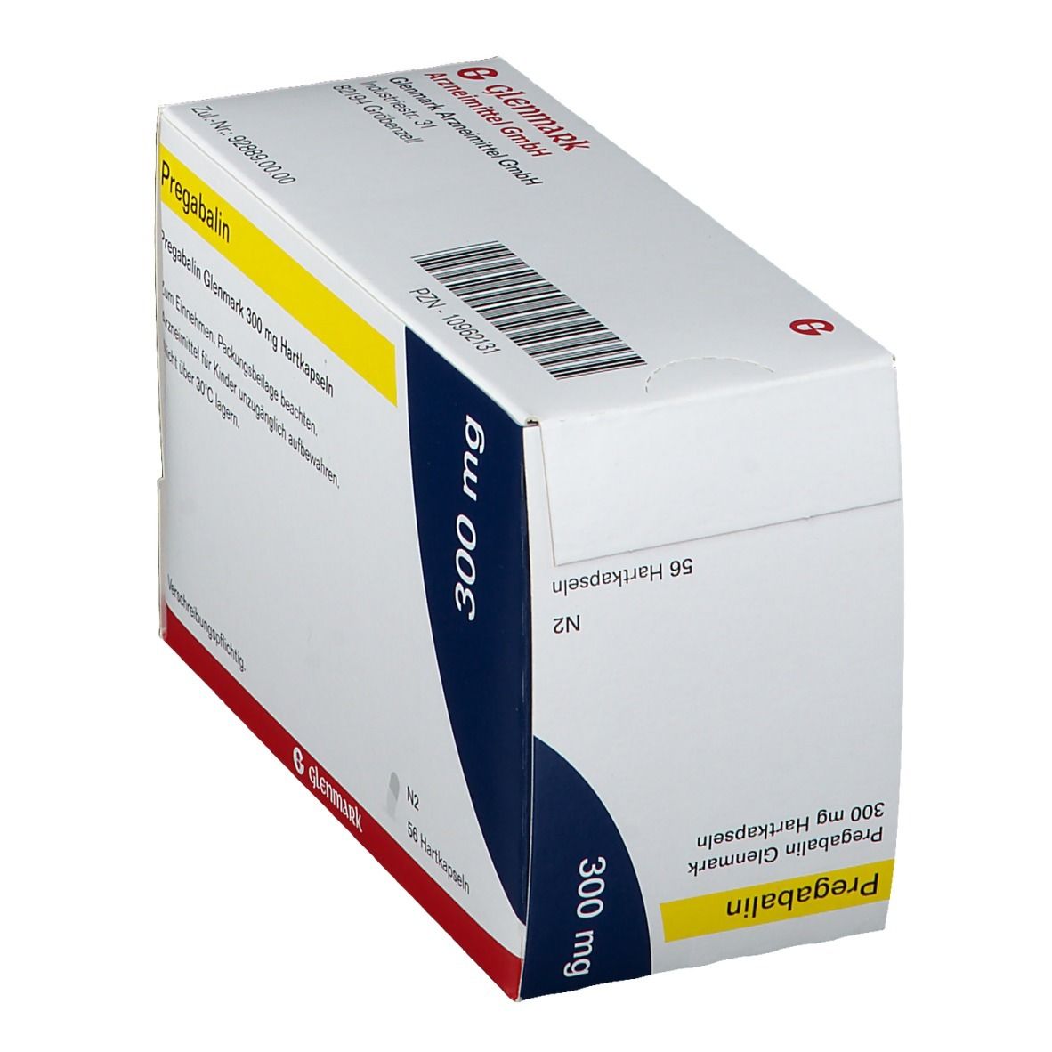 Schräg gestellte weiße Faltschachtel mit gelben und blauen Akzenten. Aufschrift: Pregabalin Glenmark 300 mg Hartkapseln. Glenmark Logo.