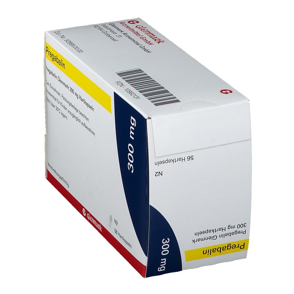 Schräg gestellte weiße Faltschachtel mit gelben und blauen Akzenten. Aufschrift: Pregabalin Glenmark 300 mg Hartkapseln. Glenmark Logo.