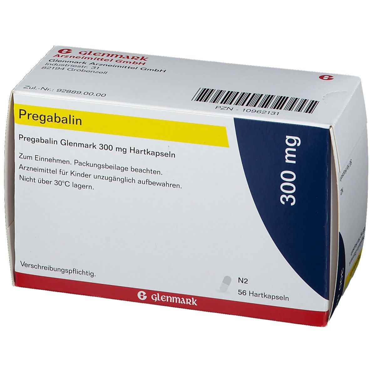 Weiße Faltschachtel mit gelben und blauen Akzenten. Aufschrift: Pregabalin Glenmark 300 mg Hartkapseln. Glenmark Logo.