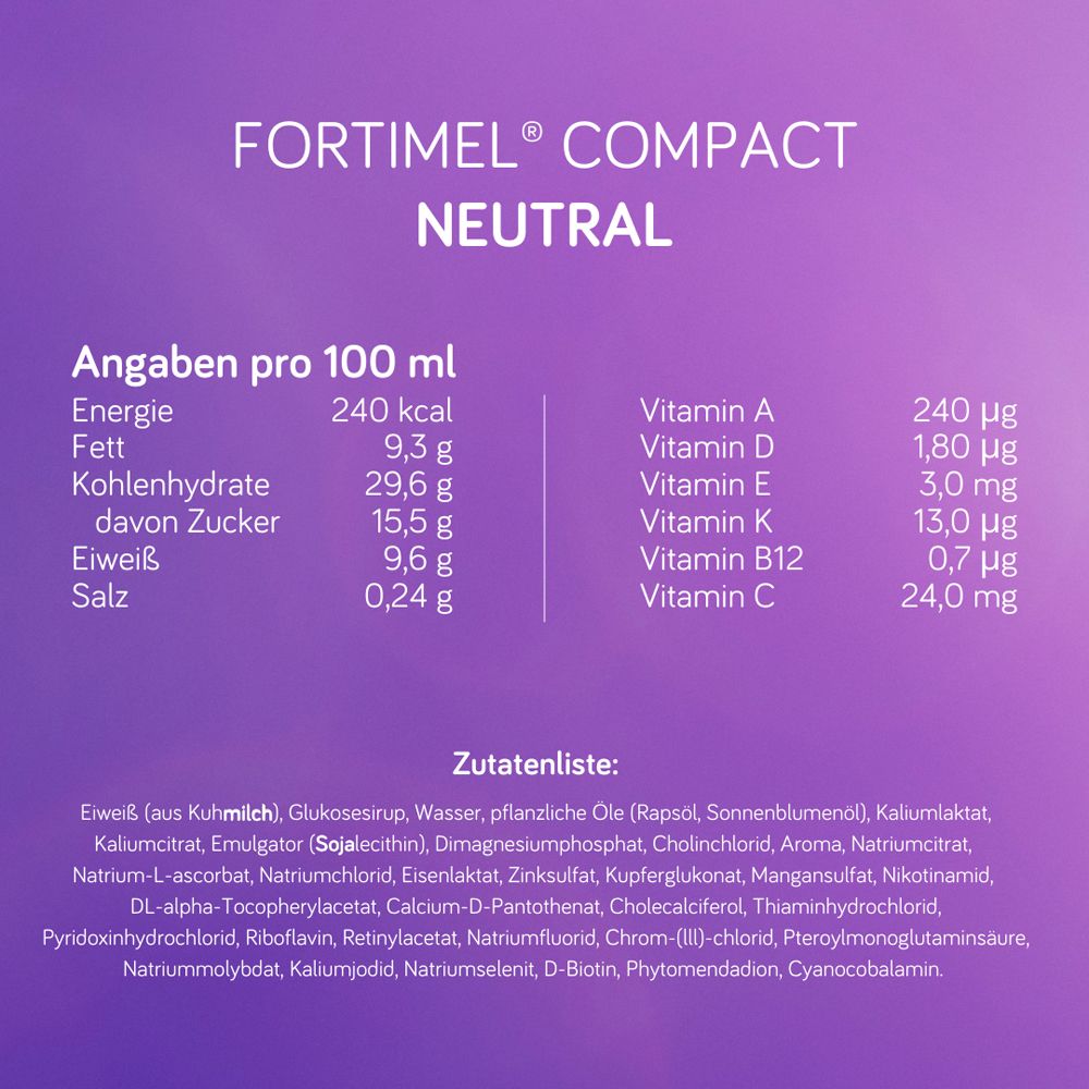 Fortimel® Compact 2.4 kcal Neutral – Hochkalorische Trinknahrung mit allen wichtigen Nährstoffen, Vitaminen, Mineralien und Spurenelementen – 300 kcal und 12 g Eiweiß pro Flasche