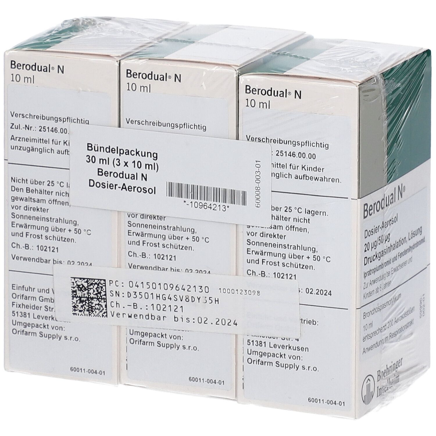 Verpackung von Berodual N Dosieraerosol, 3 x 10 ml. Text auf Deutsch. Hersteller Boehringer Ingelheim.