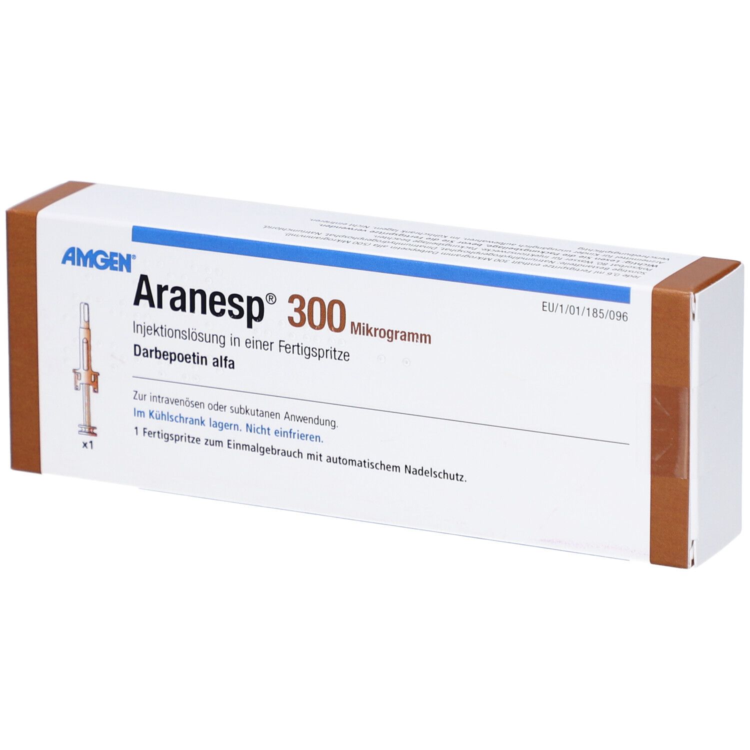 Aranesp 300 Mikrogramm Injektionslösung in Fertigspritze. Verpackung mit Produktinformationen und AMGEN Logo.