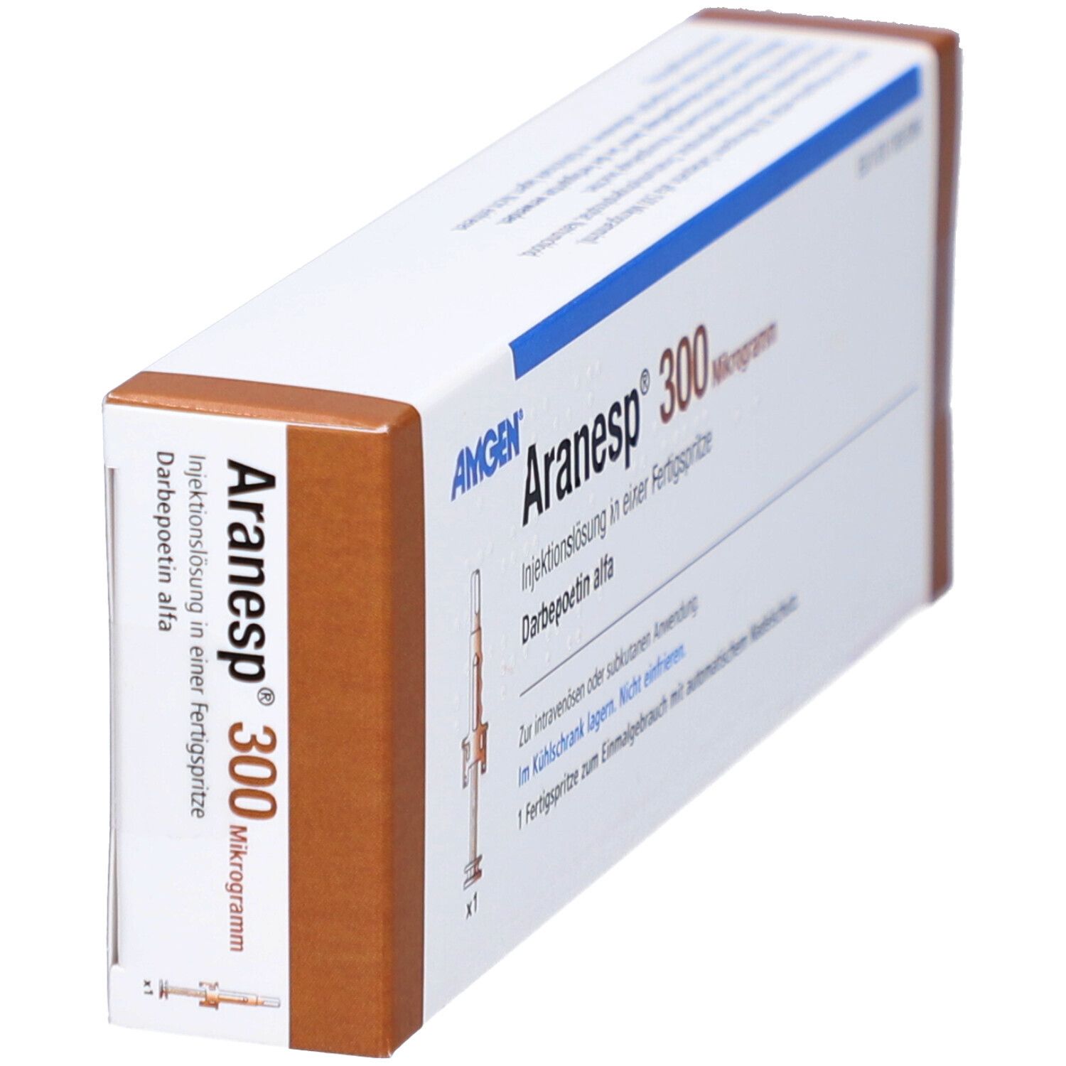 Aranesp 300 Mikrogramm Injektionslösung in Fertigspritze. Verpackung, schräg gestellt, mit AMGEN Logo.