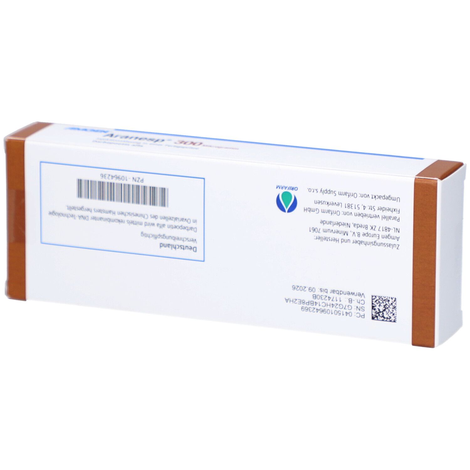 Rückseite der Aranesp-Verpackung. Enthält Produktinformationen, Barcode und Herstellerangaben.