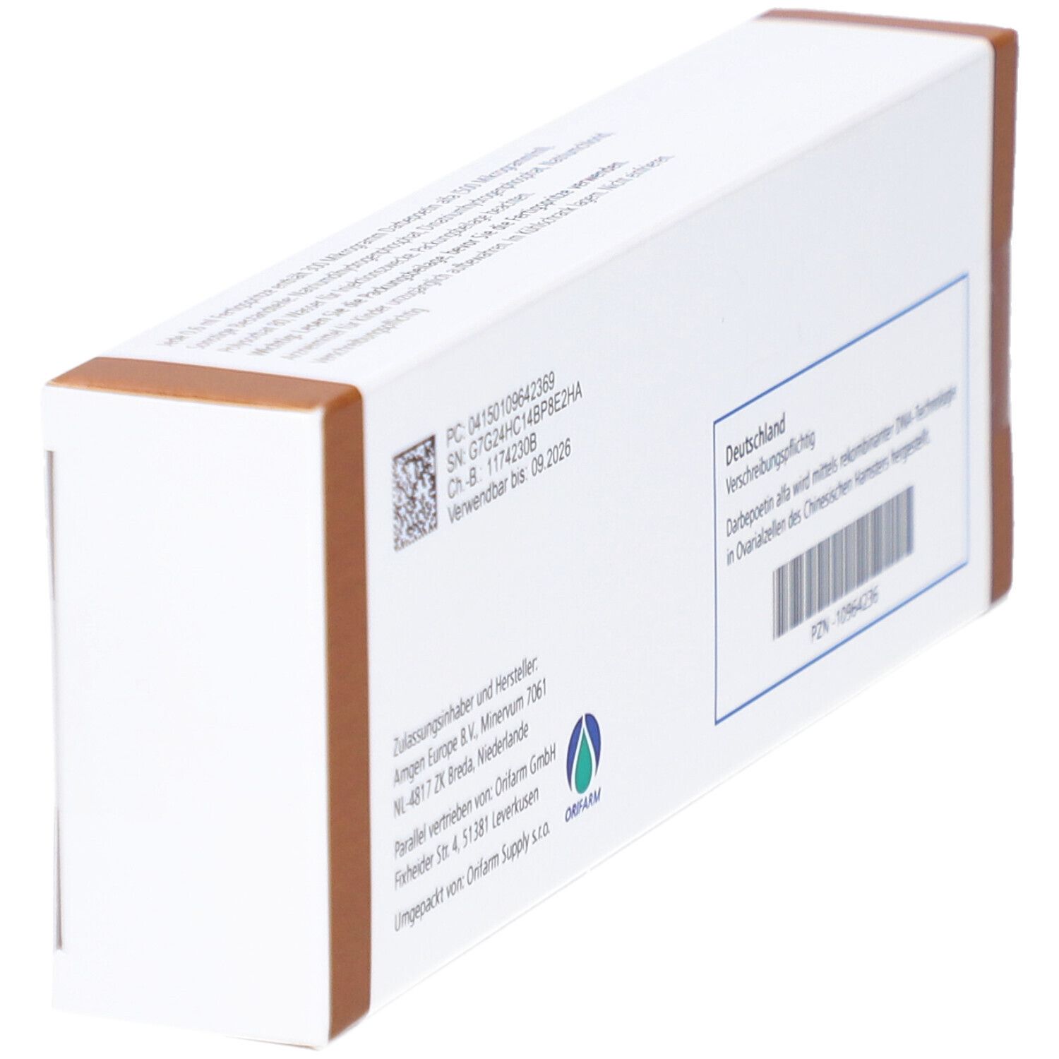 Rückseite der Aranesp-Verpackung. Barcode, Hersteller- und Chargeninformationen.