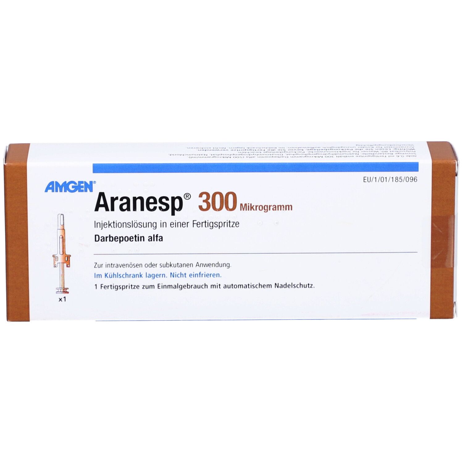 Aranesp 300 Mikrogramm Injektionslösung in Fertigspritze. Verpackung mit Produktinformationen und AMGEN Logo.