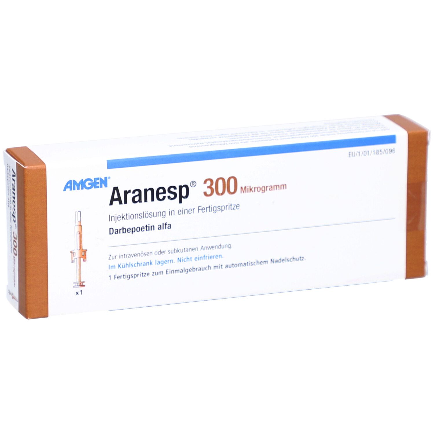 Aranesp 300 Mikrogramm Injektionslösung in Fertigspritze. Verpackung mit Produktinformationen und AMGEN Logo.