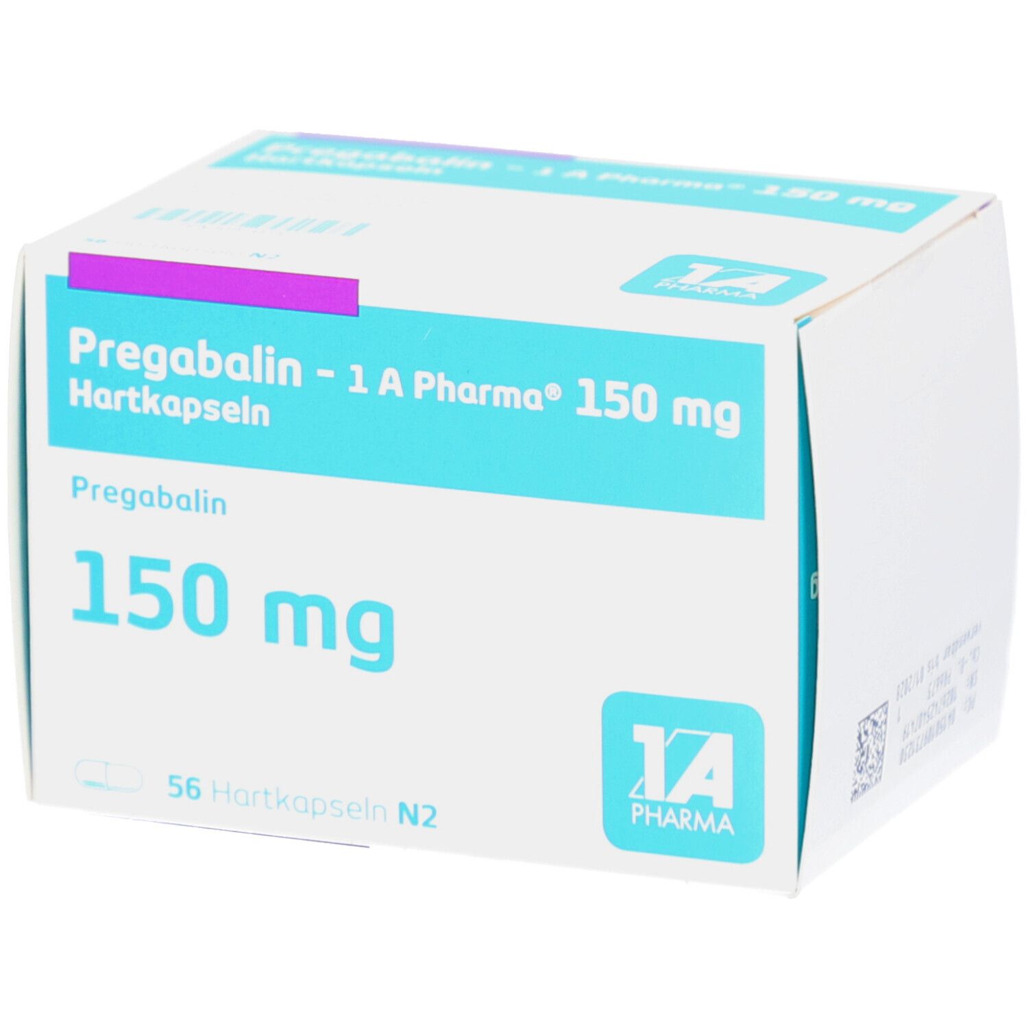 Weiß-blaue Faltschachtel mit Aufschrift Pregabalin - 1 A Pharma 150 mg Hartkapseln. Enthält 56 Kapseln. Logo 1A Pharma.
