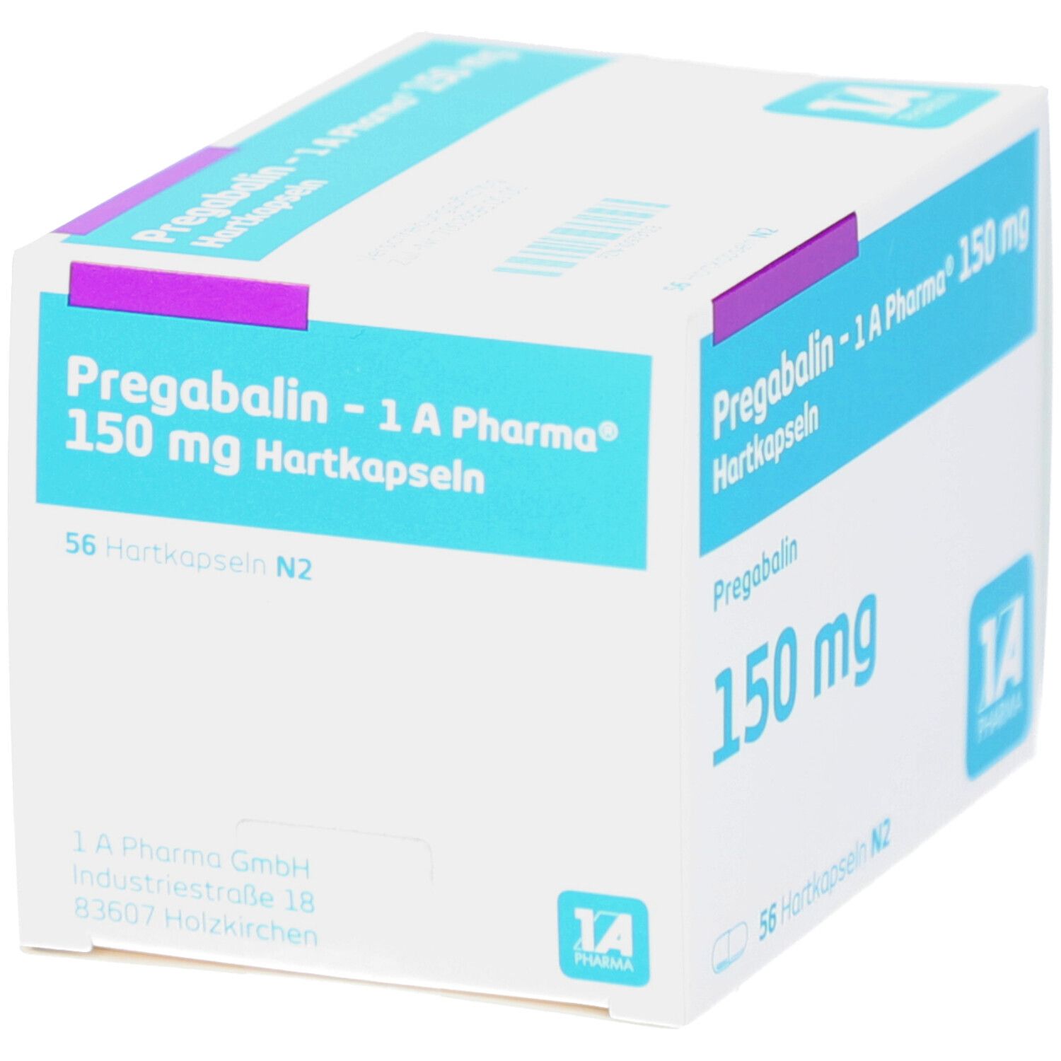 Weiß-blaue Faltschachtel mit Aufschrift Pregabalin - 1 A Pharma 150 mg Hartkapseln. Enthält 56 Kapseln. Logo 1A Pharma.