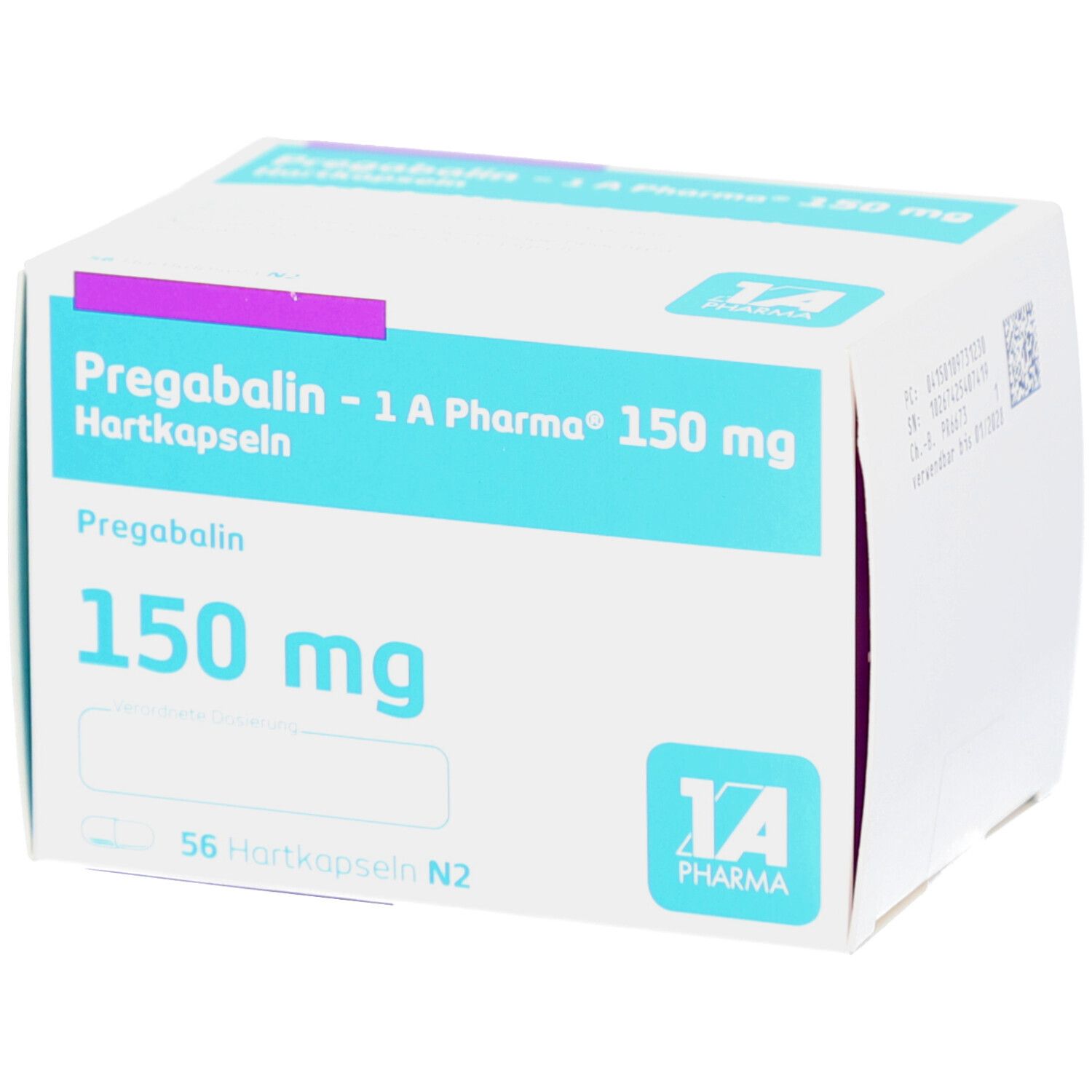 Weiß-blaue Faltschachtel mit Aufschrift Pregabalin - 1 A Pharma 150 mg Hartkapseln. Enthält 56 Kapseln. Logo 1A Pharma.