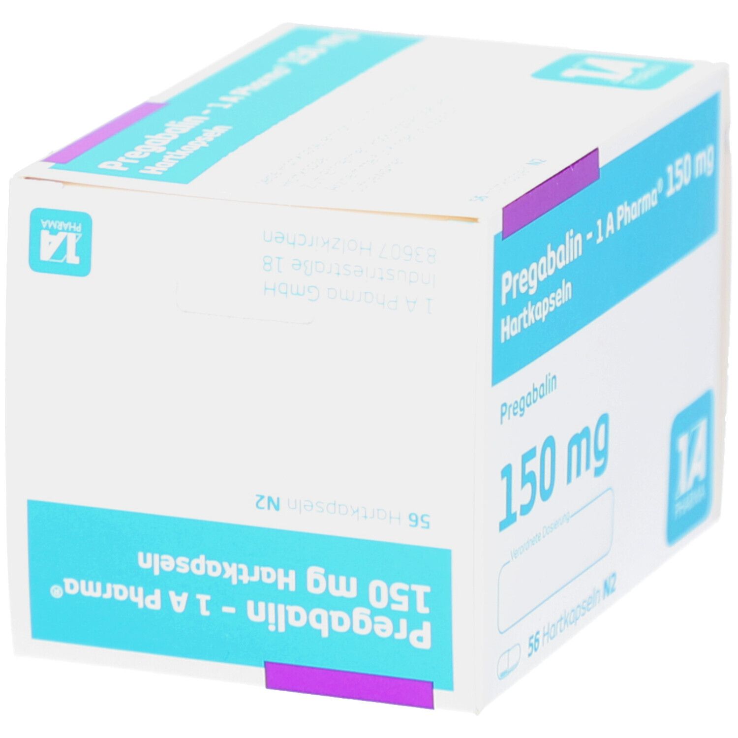 Weiß-blaue Faltschachtel mit Aufschrift Pregabalin - 1 A Pharma 150 mg Hartkapseln. Enthält 56 Kapseln. Logo 1A Pharma.