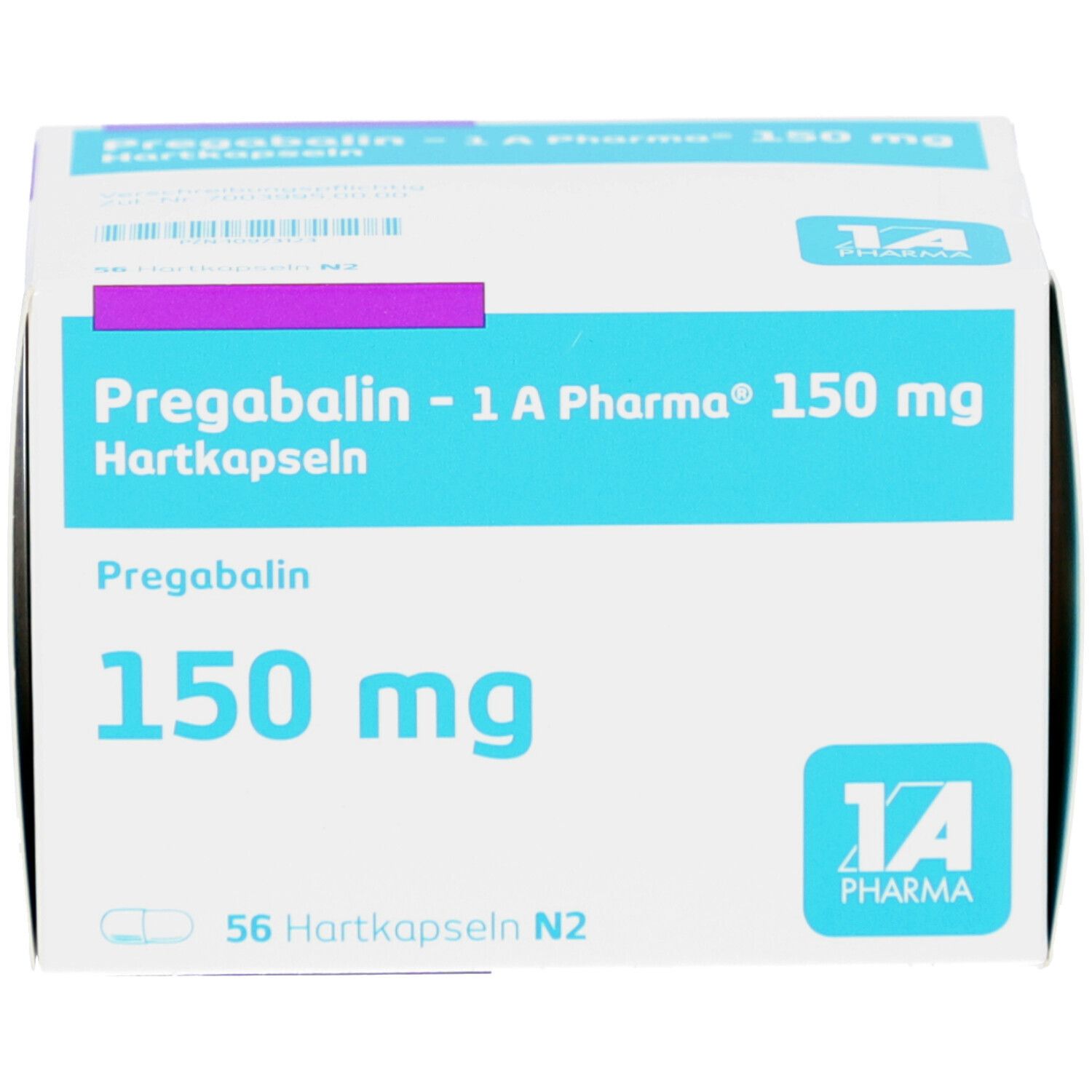 Weiß-blaue Faltschachtel mit Aufschrift Pregabalin - 1 A Pharma 150 mg Hartkapseln. Enthält 56 Kapseln. Logo 1A Pharma.