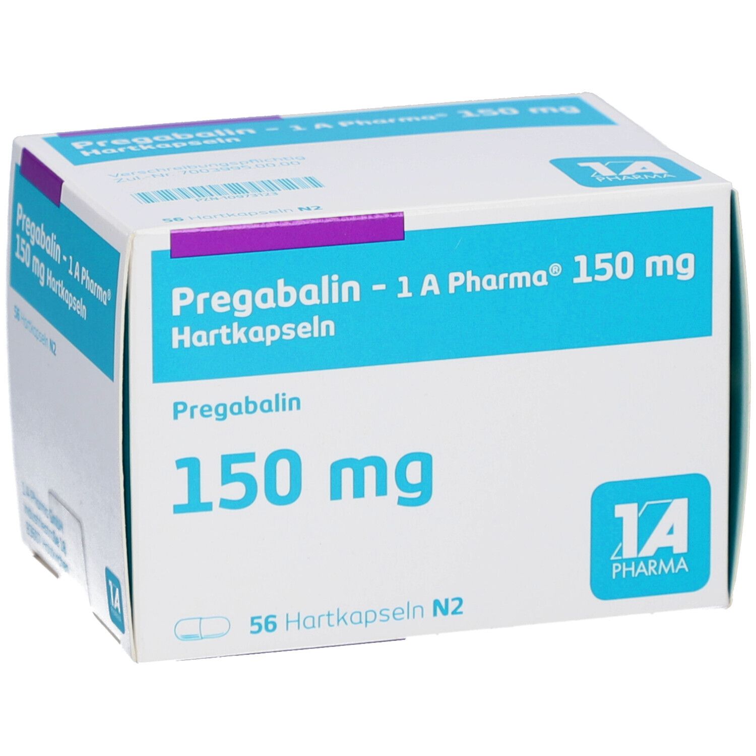Weiß-blaue Faltschachtel mit Aufschrift Pregabalin - 1 A Pharma 150 mg Hartkapseln. Enthält 56 Kapseln. Logo 1A Pharma.