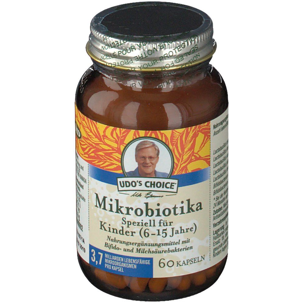 Braune Glasflasche mit Kapseln. Aufschrift: Mikrobiotika Speziell für Kinder (6-15 Jahre). Bild von Udo. 60 Kapseln.
