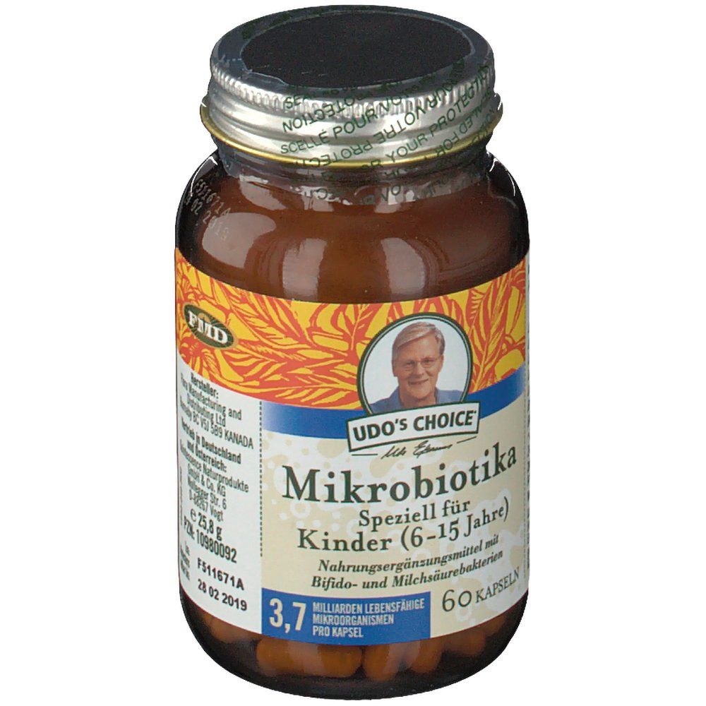 Braune Glasflasche mit Kapseln. Aufschrift: Mikrobiotika Speziell für Kinder (6-15 Jahre). Bild von Udo. 60 Kapseln. 3,7 Milliarden Mikroorganismen.