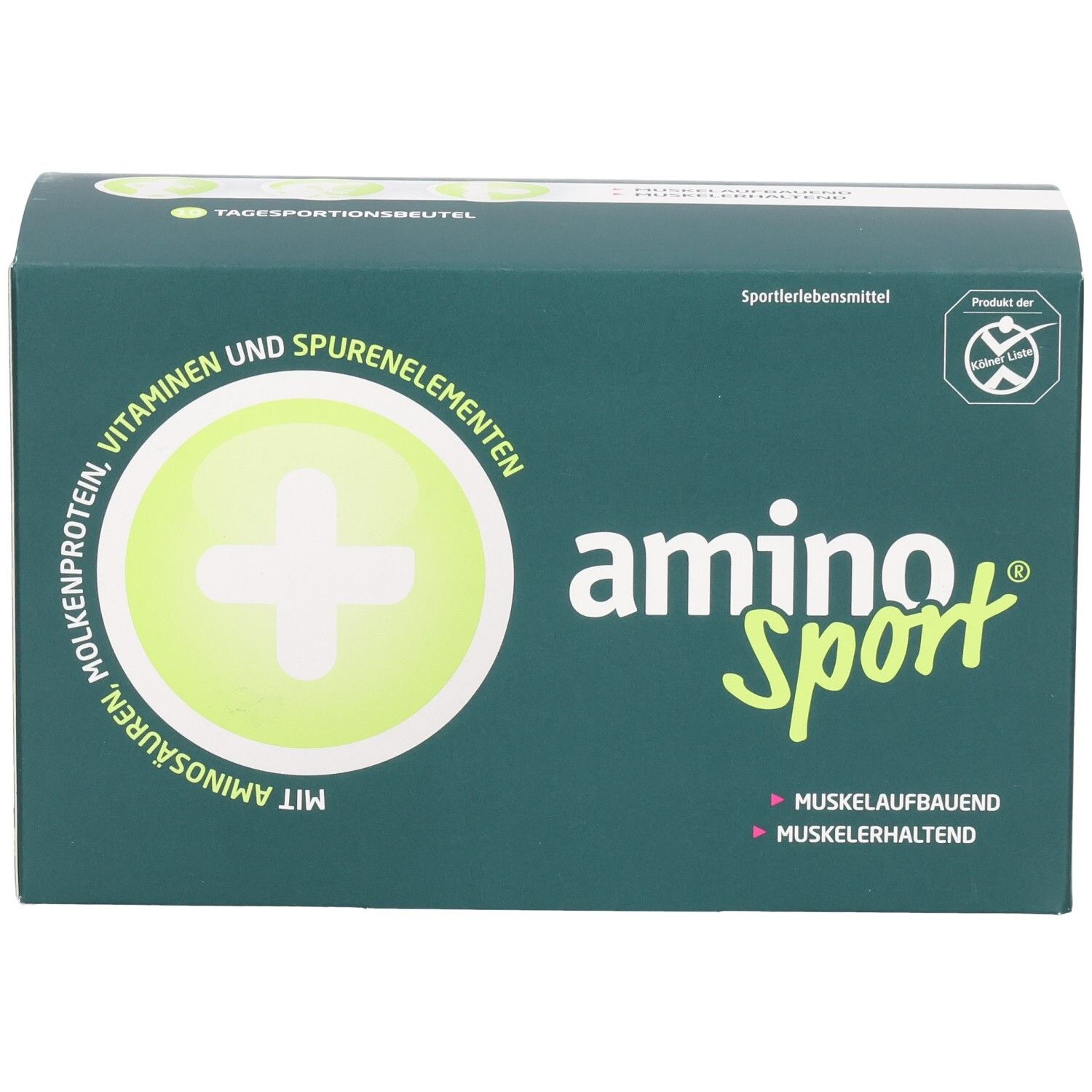 Grüne Schachtel mit Aminosport-Logo und Text. Enthält Molkenprotein, Vitamine, Spurenelemente. Sportlernahrung.