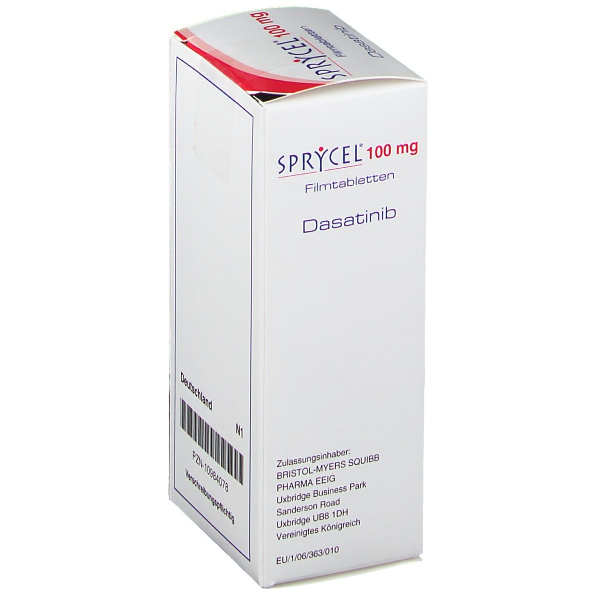 Weiße Schachtel mit Text. Aufschrift: SPRYCEL 100 mg, Dasatinib. Text in Deutsch.