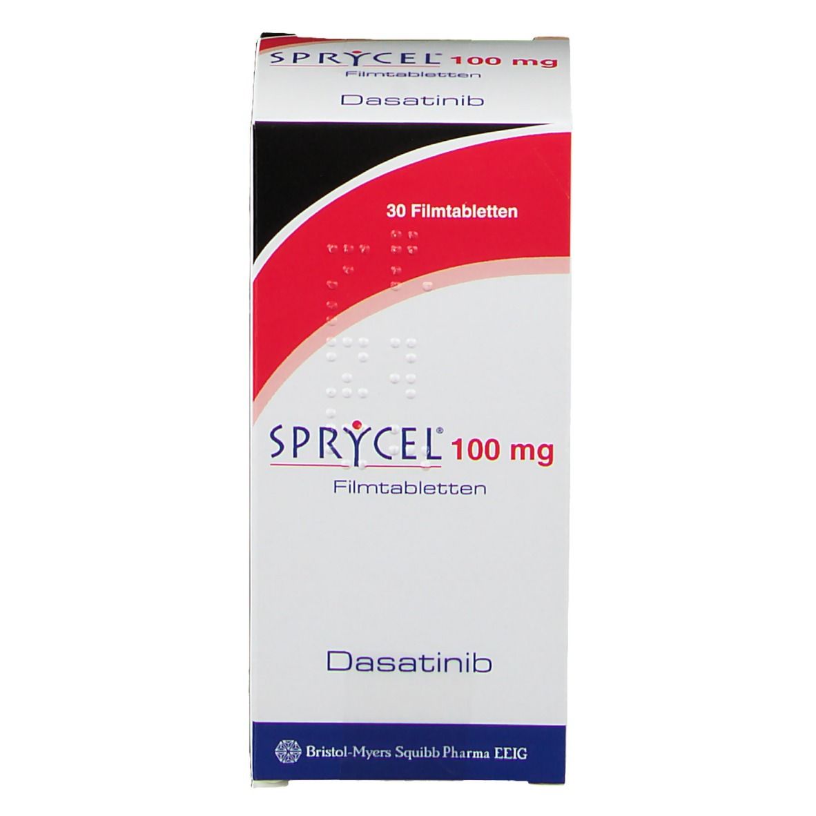 Weiße Schachtel mit rotem und schwarzem Design. Aufschrift: SPRYCEL 100 mg, Dasatinib, 30 Filmtabletten.
