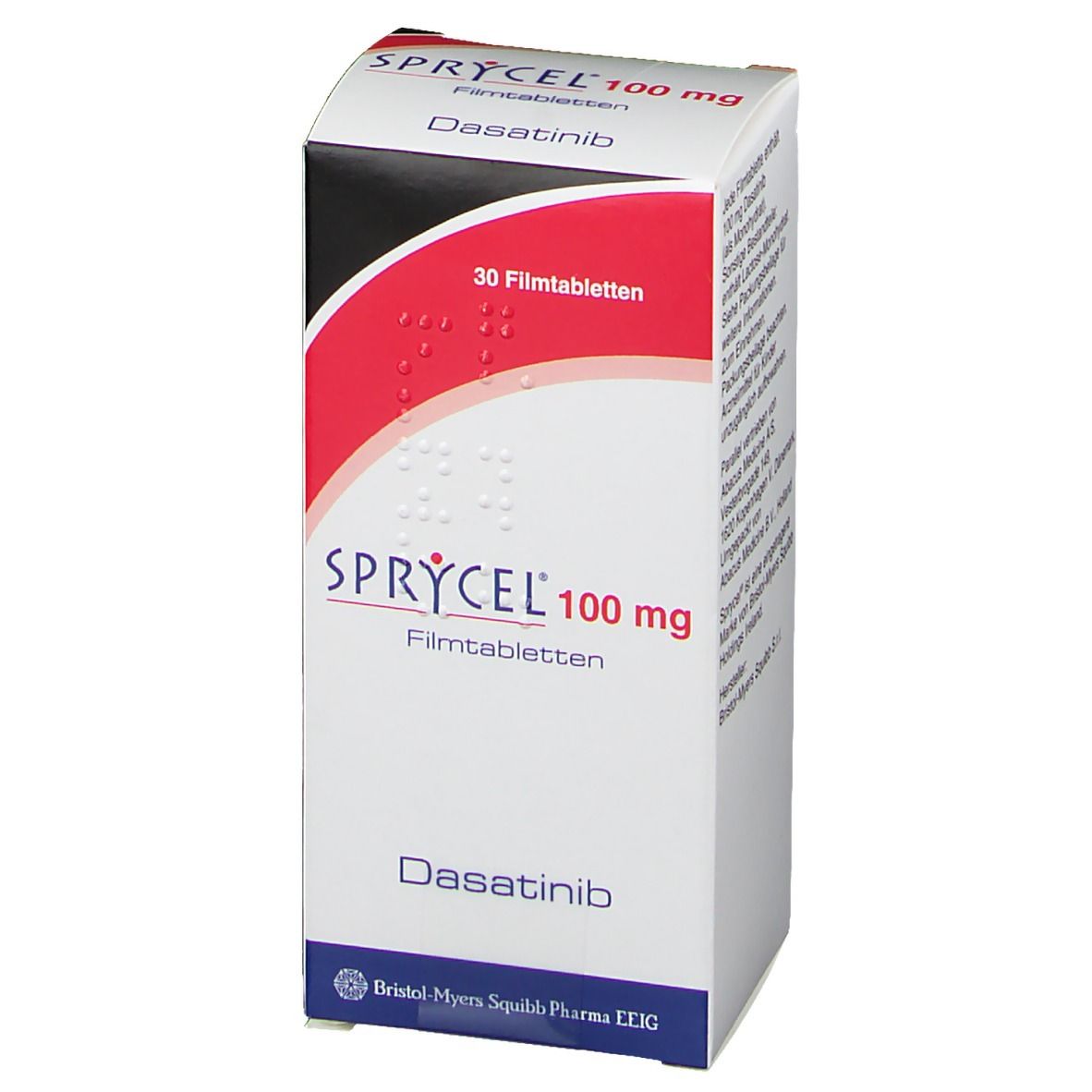 Weiße Schachtel mit rotem und schwarzem Design. Aufschrift: SPRYCEL 100 mg, Dasatinib, 30 Filmtabletten.