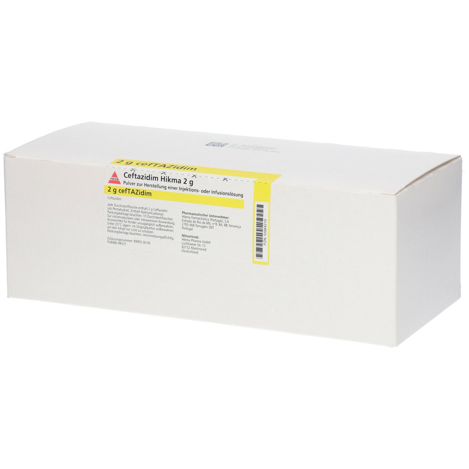 Weiße rechteckige Verpackung mit gelbem Etikett. Aufschrift: Ceftazidim Hikma 2 g. Pulver zur Herstellung einer Injektions- oder Infusionslösung.