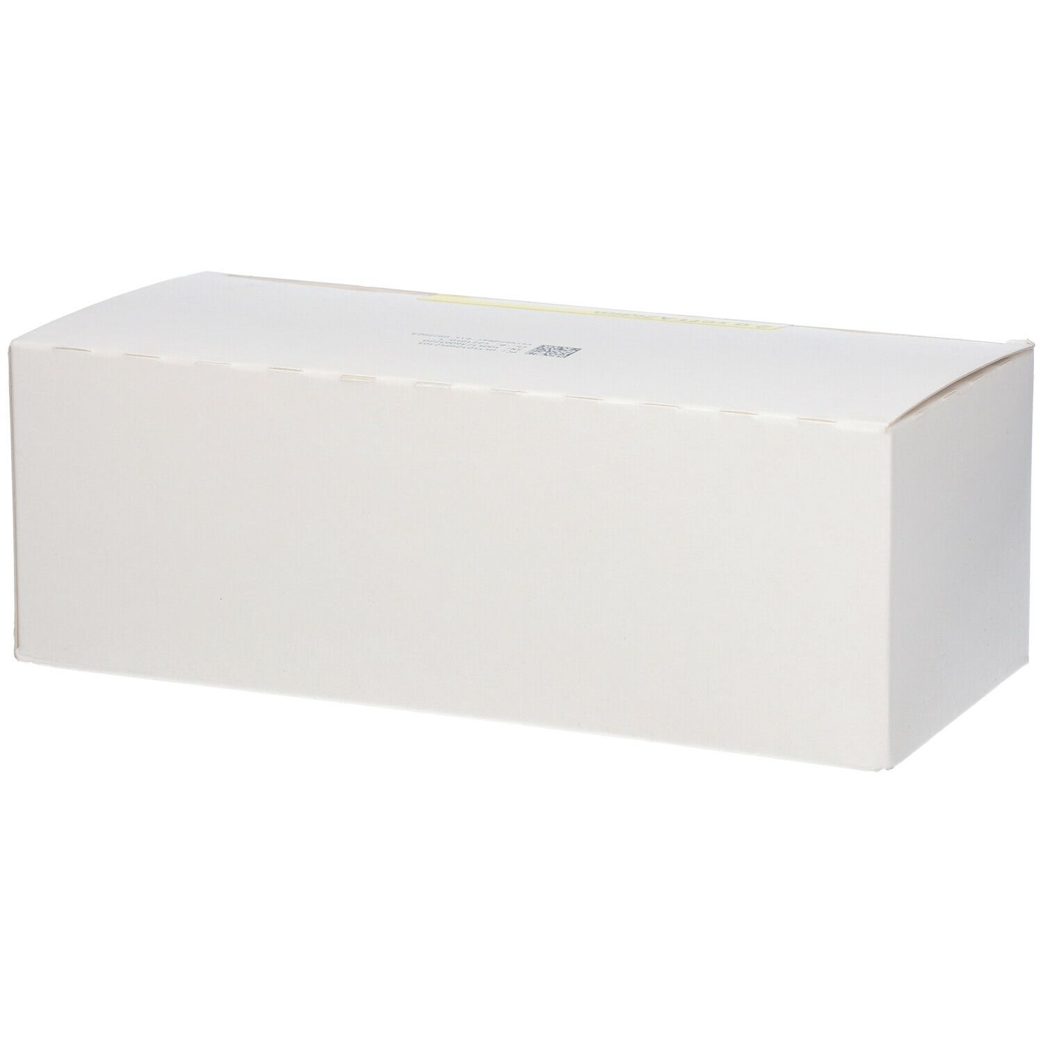 Weiße rechteckige Verpackung. Aufschrift nicht lesbar. Gelbes Etikett.