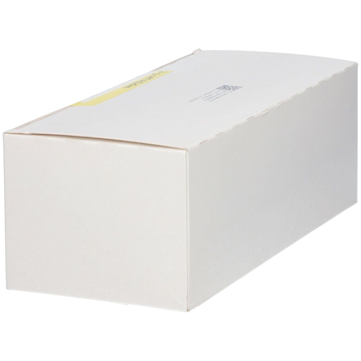Weiße rechteckige Verpackung. Aufschrift nicht lesbar. Gelbes Etikett.