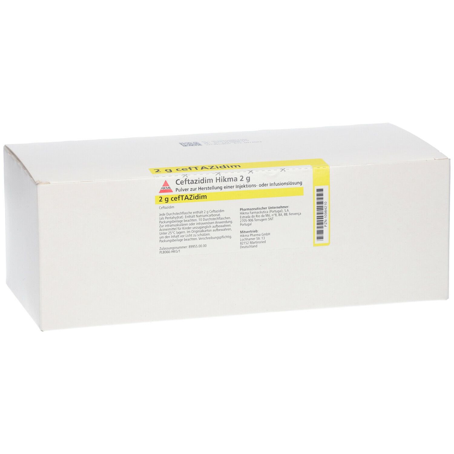 Weiße rechteckige Verpackung mit gelbem Etikett. Aufschrift: Ceftazidim Hikma 2 g. Pulver zur Herstellung einer Injektions- oder Infusionslösung.