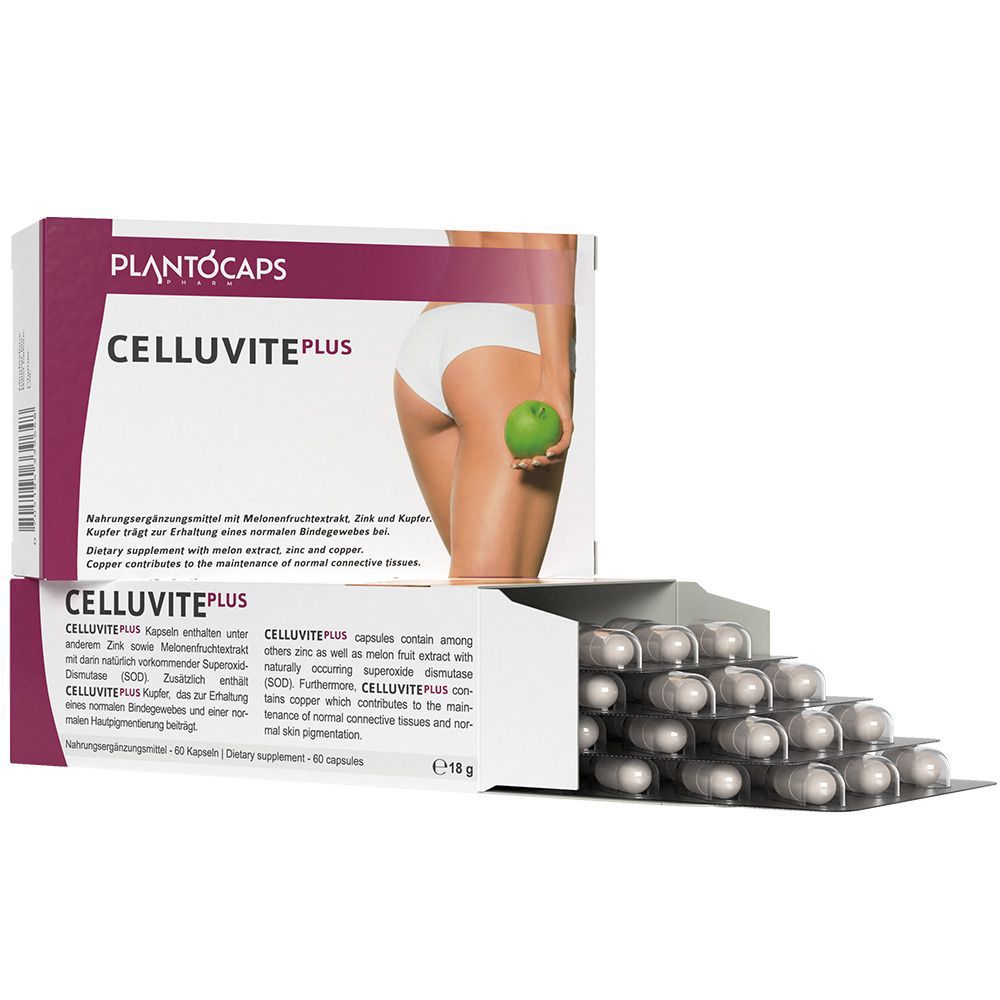 Verpackung von plantoCAPS® CELLUVITE® PLUS mit Frau am Gesäß und Apfel.