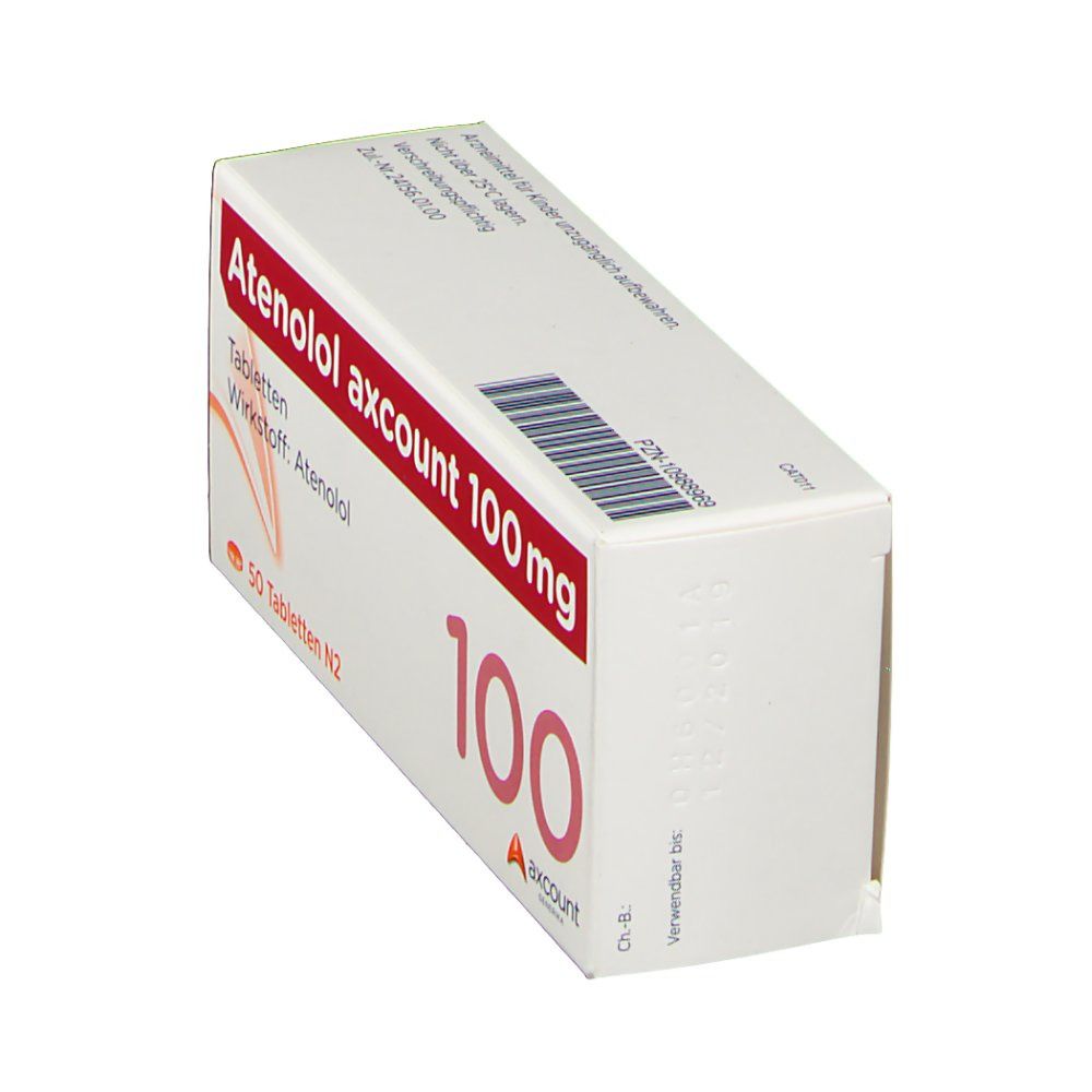 Atenolol axcount 100 mg Tabletten-Packung. Schräge Ansicht. Rote Schrift auf weißem Karton. 100 und Logo. Barcode.