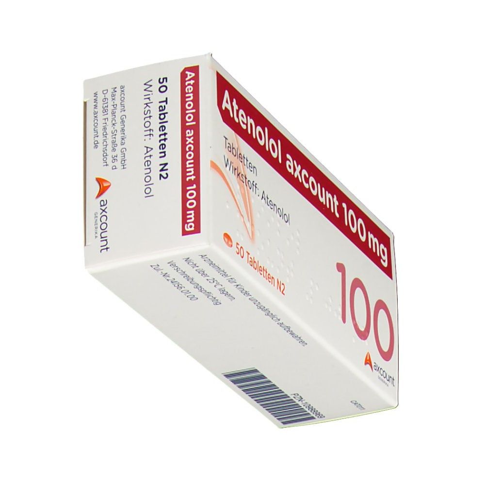 Atenolol axcount 100 mg Tabletten-Packung. Schräge Ansicht von unten. Rote Schrift auf weißem Karton. 100 und Logo.