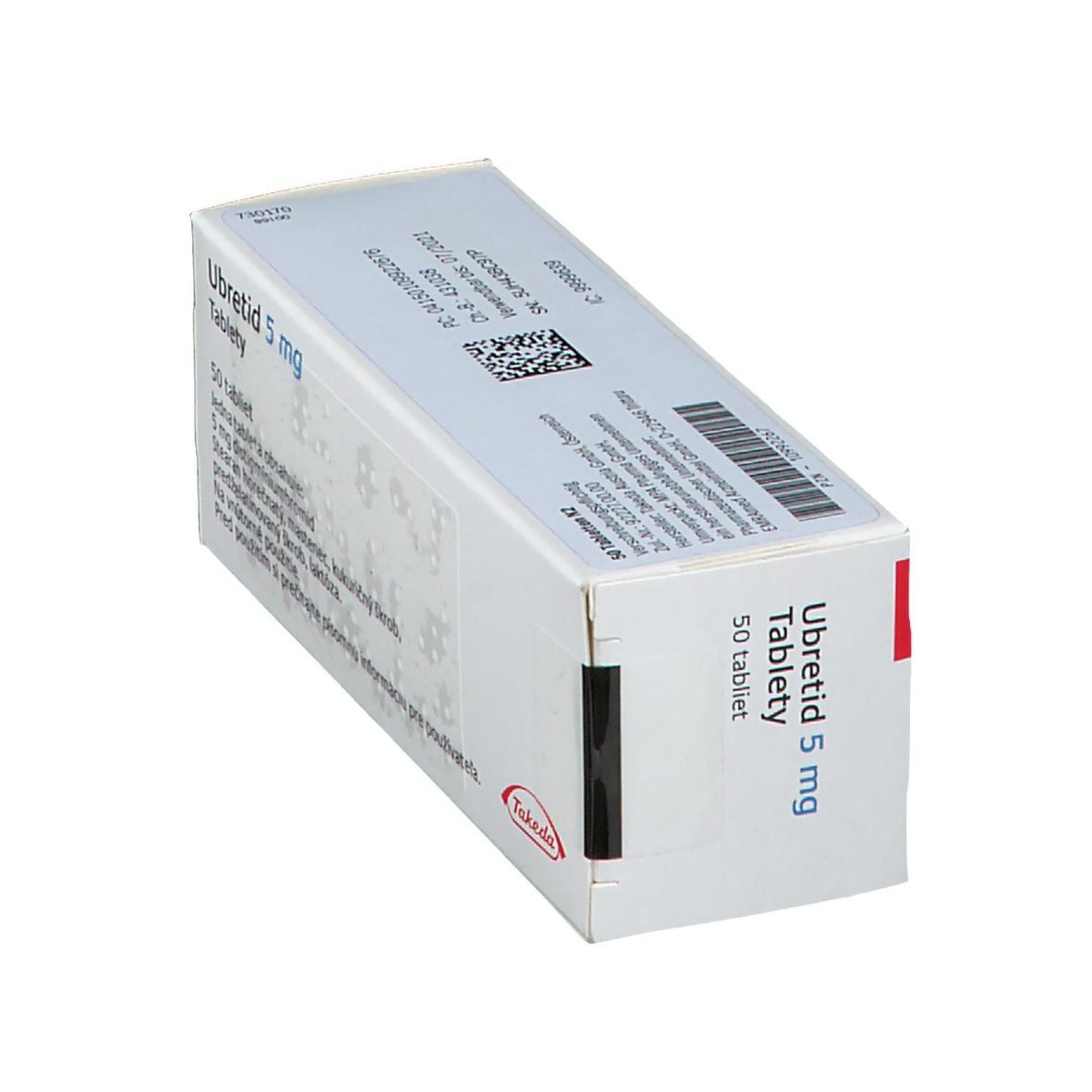 Ubretid Tablety 5 mg Packung. Hersteller Takeda. Ansicht von der Seite. Text in Deutsch.