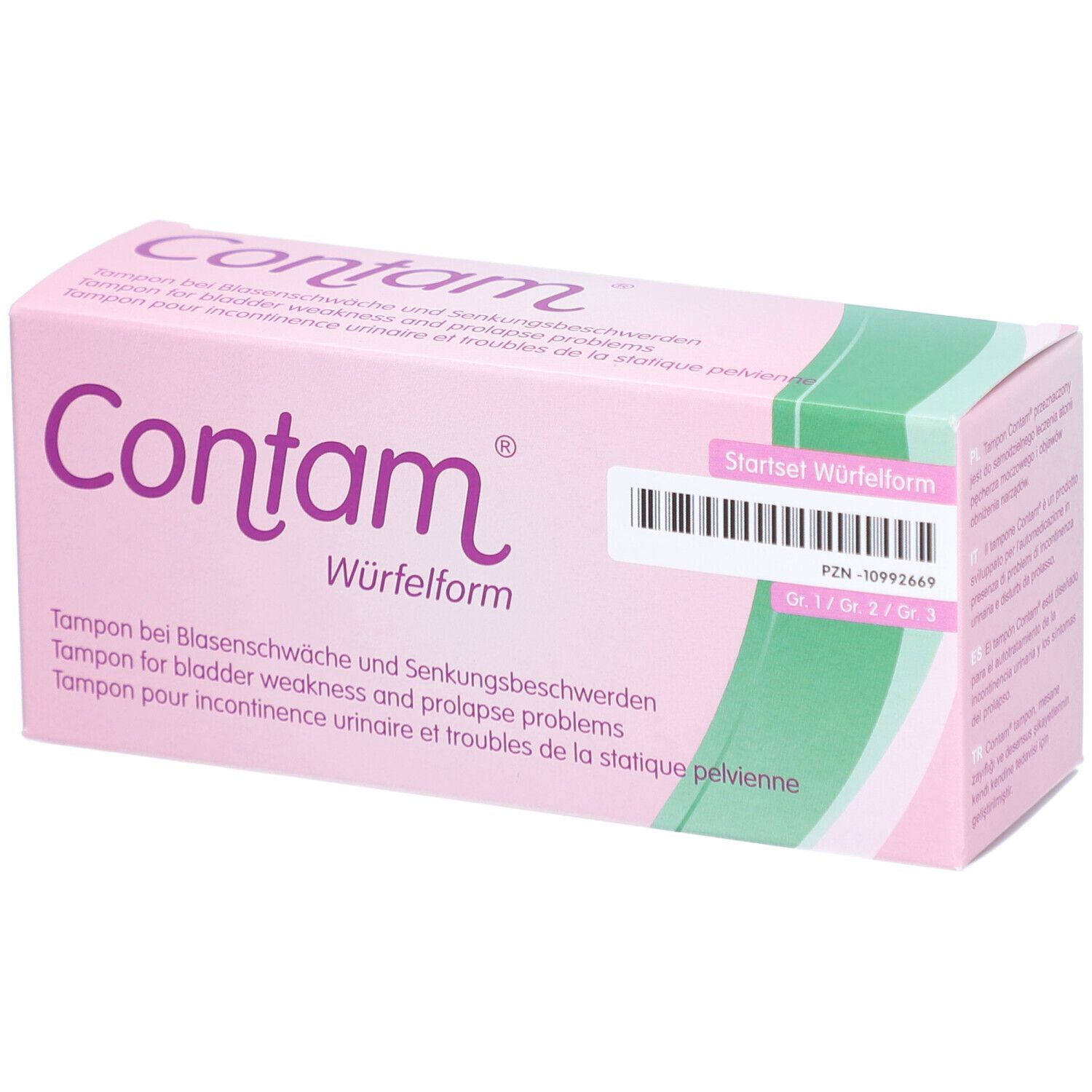 Rosa-weiße Verpackung mit Produktnamen Contam Würfelform. Text in Deutsch, Englisch und Französisch. Startset Würfelform.