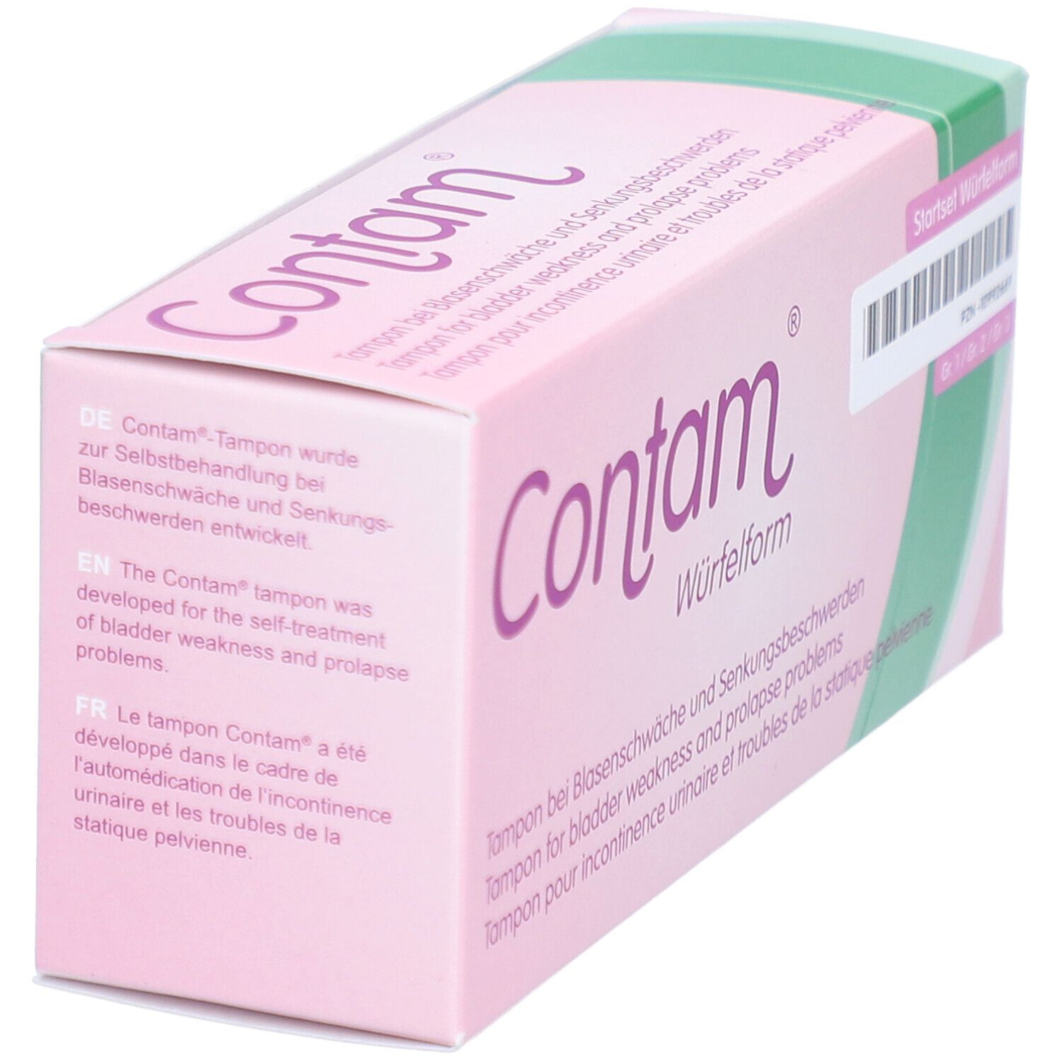 Rosa-weiße Verpackung mit Produktnamen Contam Würfelform. Text in Deutsch, Englisch und Französisch. Seitenansicht.