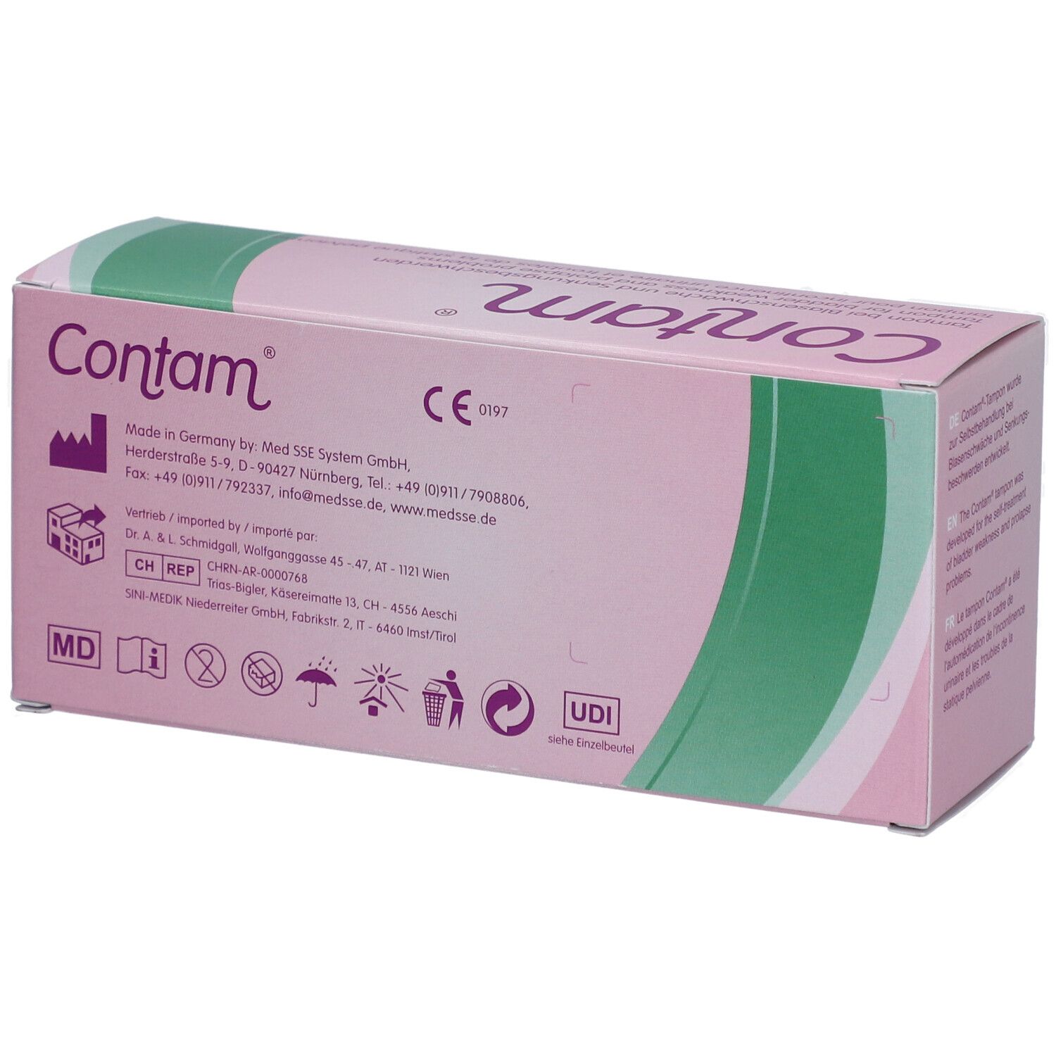 Rosa-weiße Verpackung mit Produktnamen Contam Würfelform. Text in Deutsch, Englisch, Französisch, Polnisch, Spanisch und Türkisch. CE-Kennzeichnung.