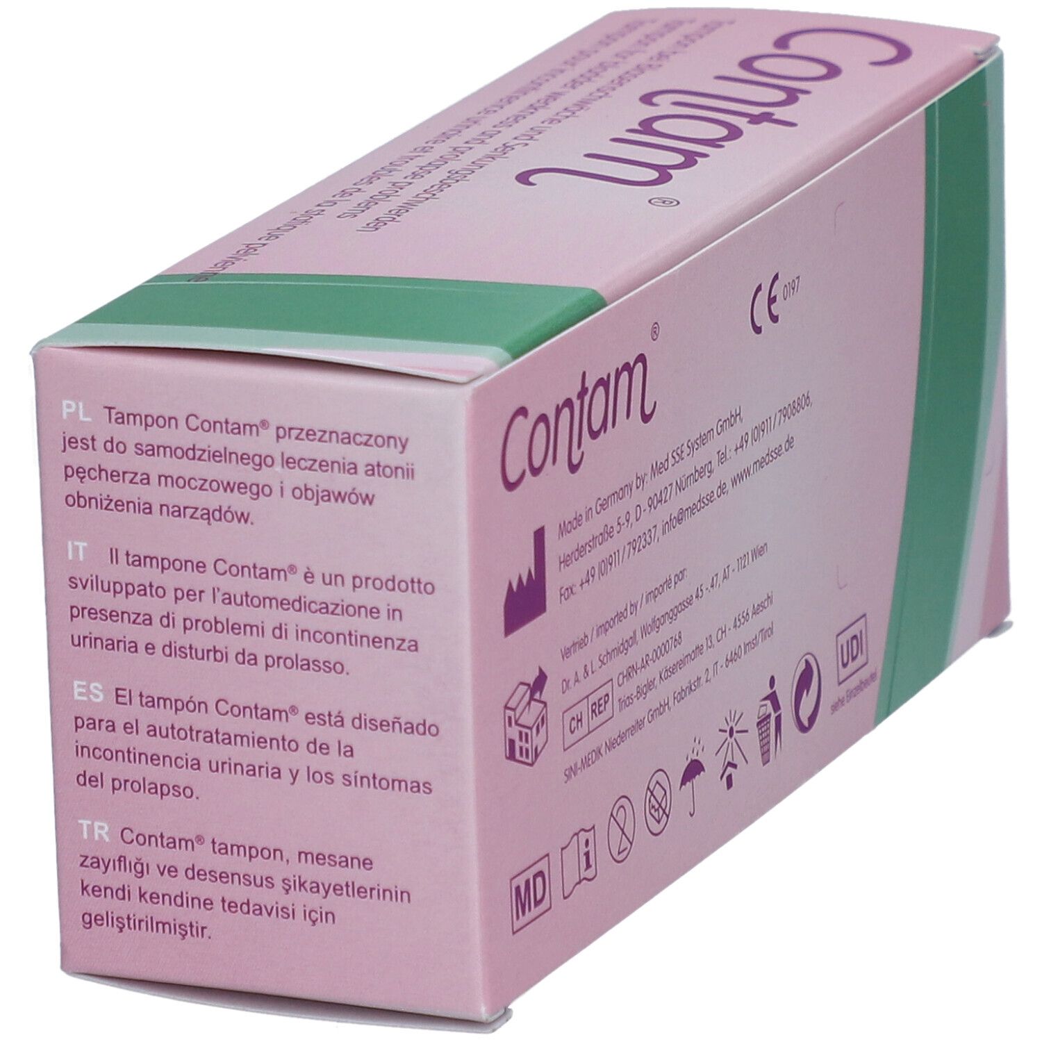 Rosa-weiße Verpackung mit Produktnamen Contam Würfelform. Text in Deutsch, Englisch, Französisch, Polnisch, Spanisch und Türkisch. CE-Kennzeichnung.