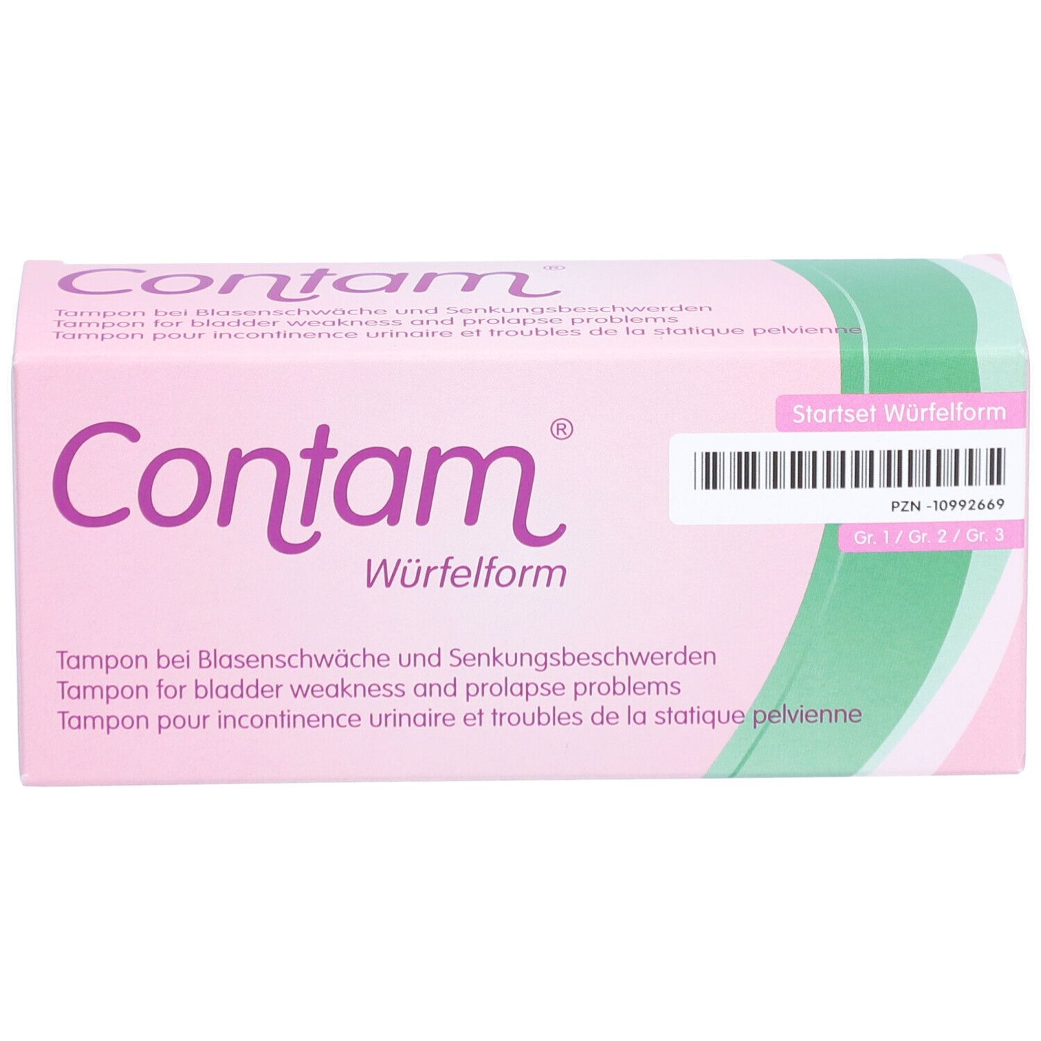 Rosa-weiße Verpackung mit Produktnamen Contam Würfelform. Text in Deutsch, Englisch und Französisch. Startset Würfelform.