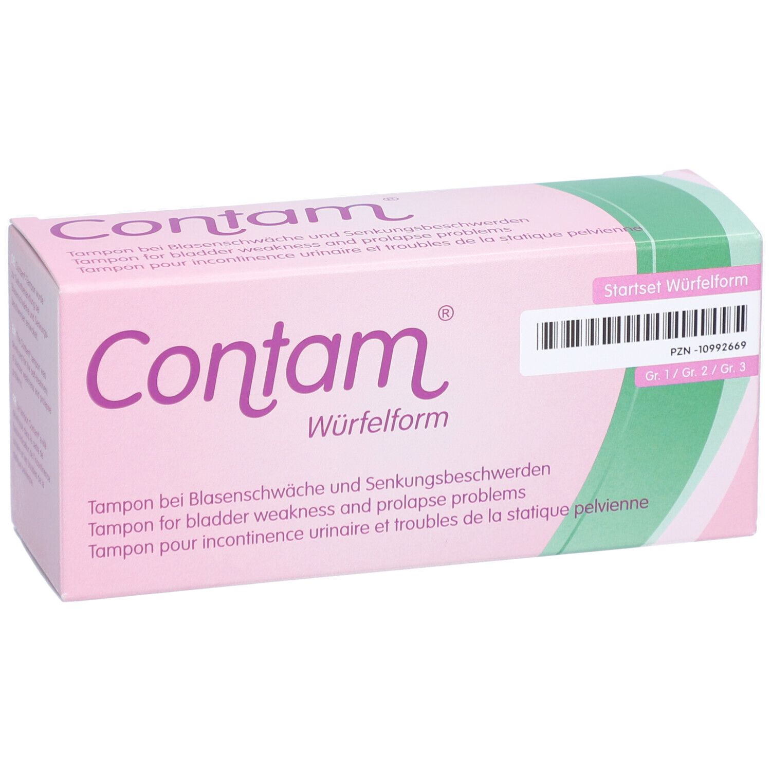 Rosa-weiße Verpackung mit Produktnamen Contam Würfelform. Text in Deutsch, Englisch und Französisch. Startset Würfelform.