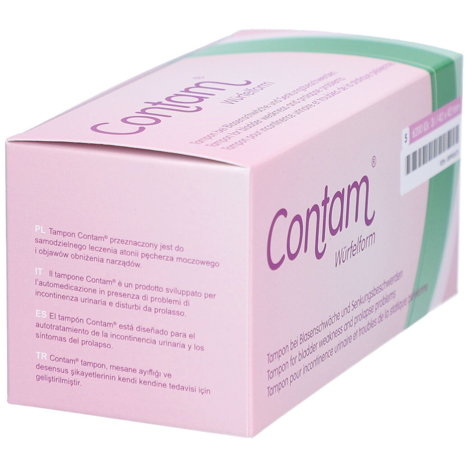 Rosa Verpackung Contam. Text in mehreren Sprachen. Grün-weißer Streifen. Produktname und Würfelform. Winkelansicht.