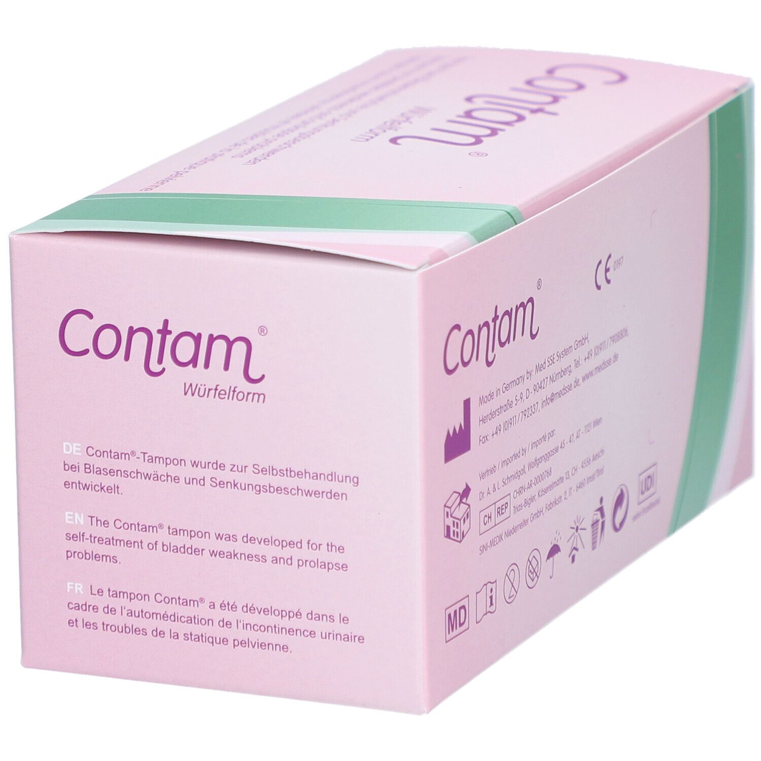 Rosa Verpackung Contam. Text in mehreren Sprachen. CE-Kennzeichnung. Winkelansicht. Produktname und Würfelform.