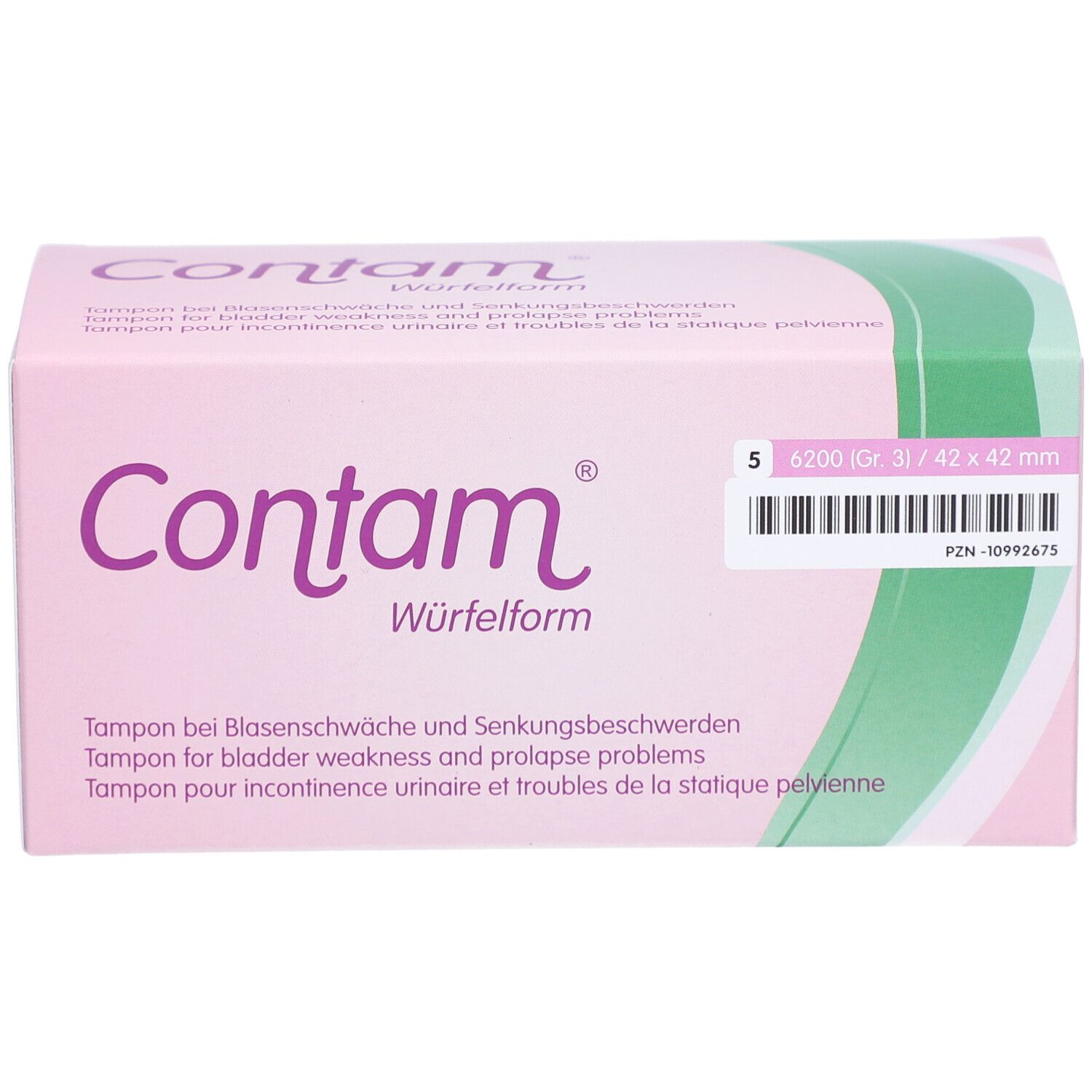 Rosa Verpackung Contam. Text: Tampon bei Blasenschwäche. Grün-weißer Streifen. 42x42 mm. PZN-10992675.