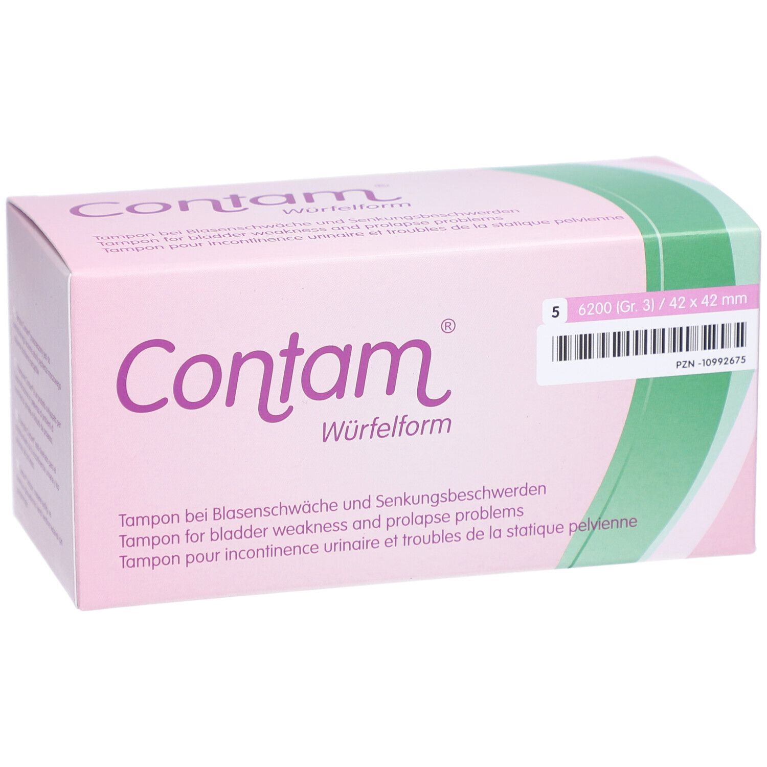 Rosa Verpackung Contam. Text: Tampon bei Blasenschwäche. Grün-weißer Streifen. 42x42 mm. PZN-10992675.