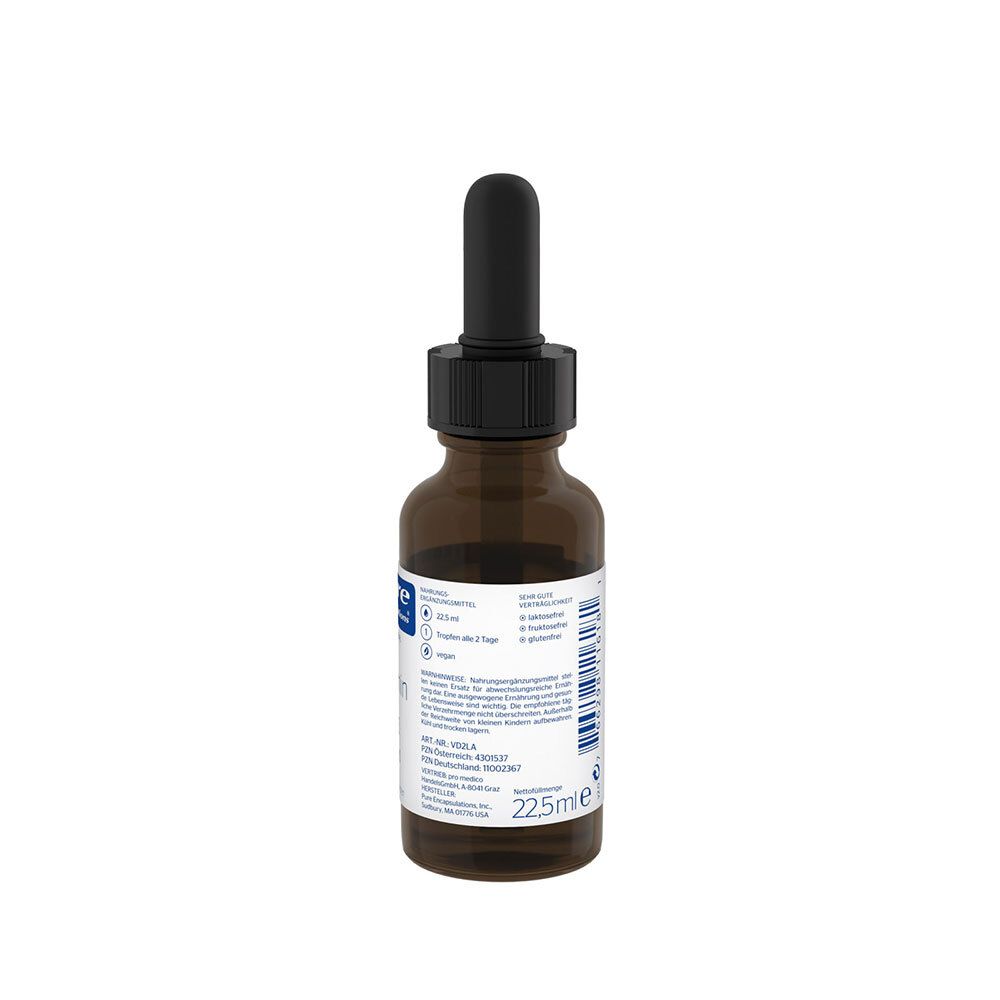 Rückseite einer braunen Glasflasche mit schwarzem Deckel und Pipette. Etikett mit Produktinformationen und Marke.